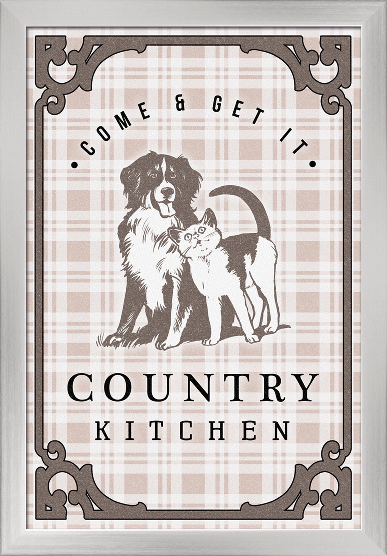 Country Kitchen Dog and Cat Plaid Art Print - 16x24 Giclee Fine Art with Recycled Wood Frame in Silver - Perfect for Farmhouse Decor, Pet Lover Gifts & Cozy Home Wall Art