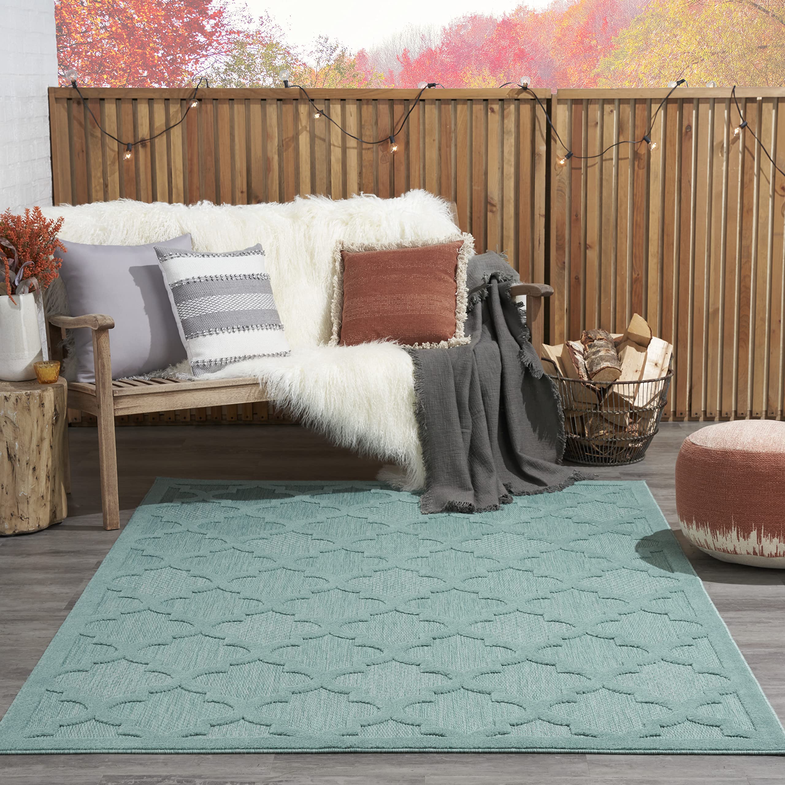 Nourison Easy Care Moroccan Aqua/Teal 6' x 9' Area Rug - Trellis Pattern, Stain Resistant & Non-Shedding for Easy Cleaning | Perfect for Living Room, Bedroom, Dining Room, Backyard, Deck & Patio Decor (6x9)