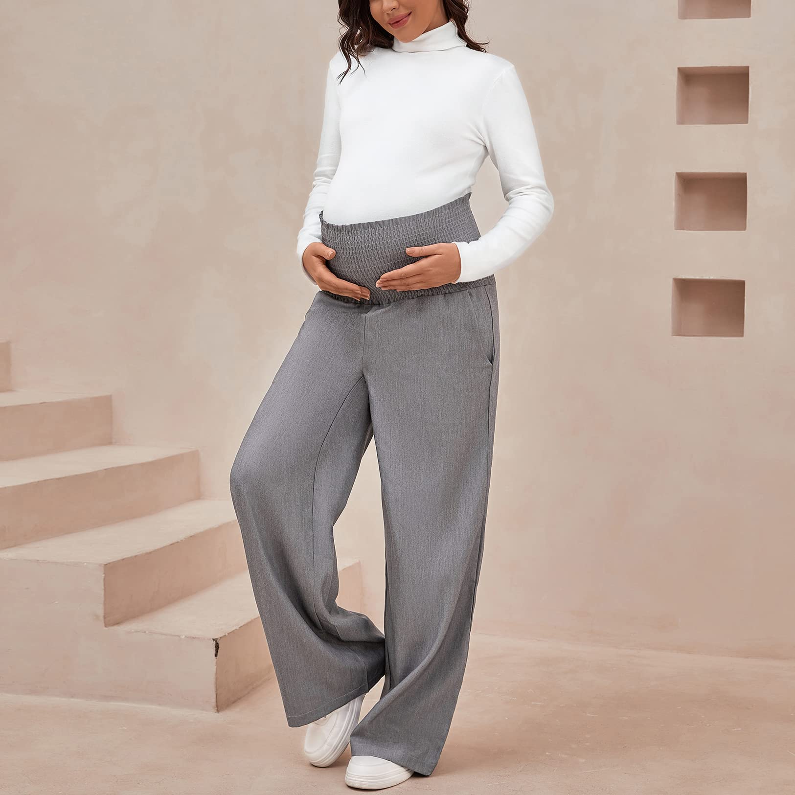 **Maternity Work Pants for Women - Wide Leg, Smocked Waist, Loose & Comfortable Pregnancy Pants - Perfect for Office, Casual Wear & Everyday Use**
