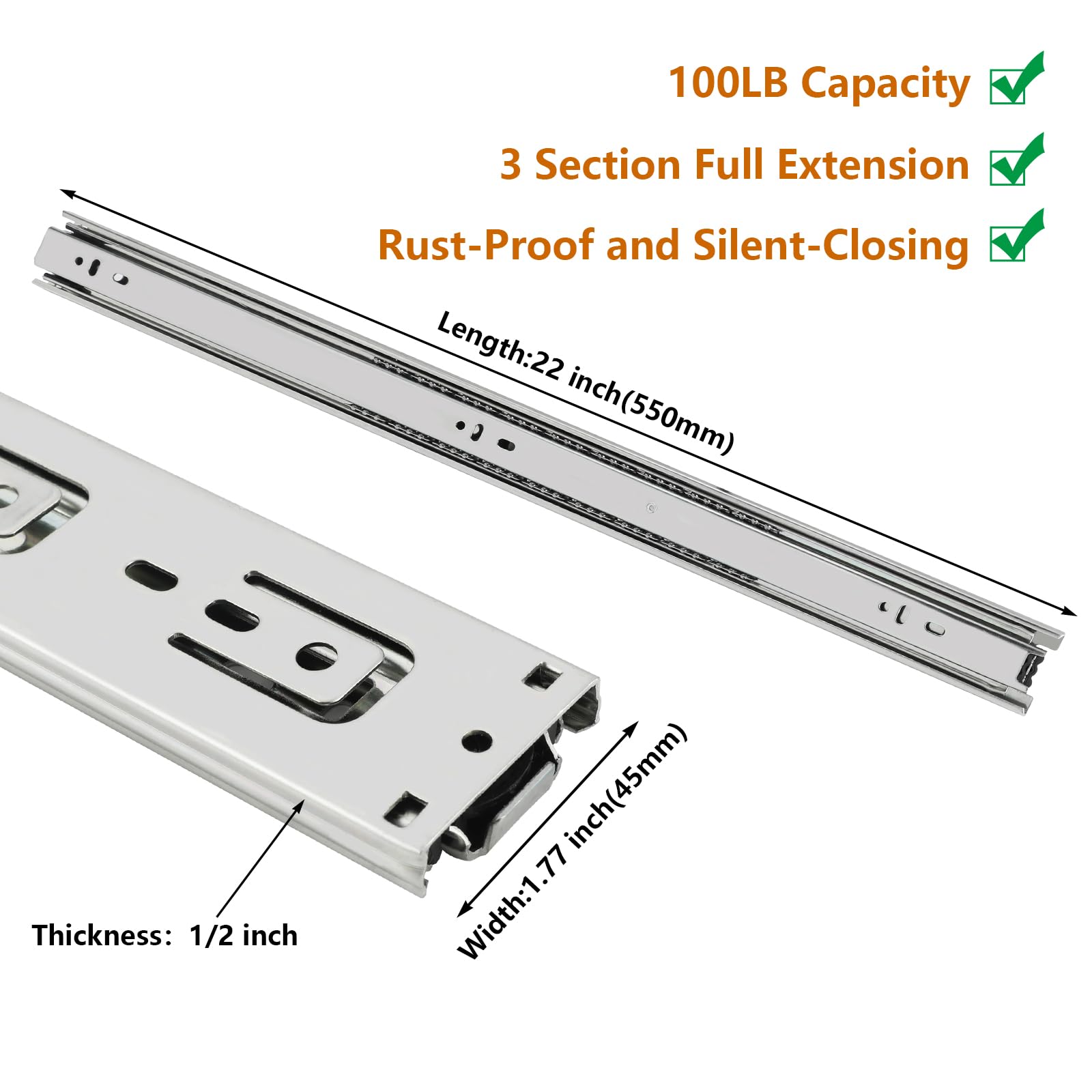 LONTAN 10-Pair Heavy Duty Ball Bearing Drawer Slides - 22 Inch Silver Side Mount Cabinet Glides for Tool Box, Trash Can & Kitchen Drawers (100LB Capacity) | Perfect for Home Organization, DIY Projects & Furniture Repair