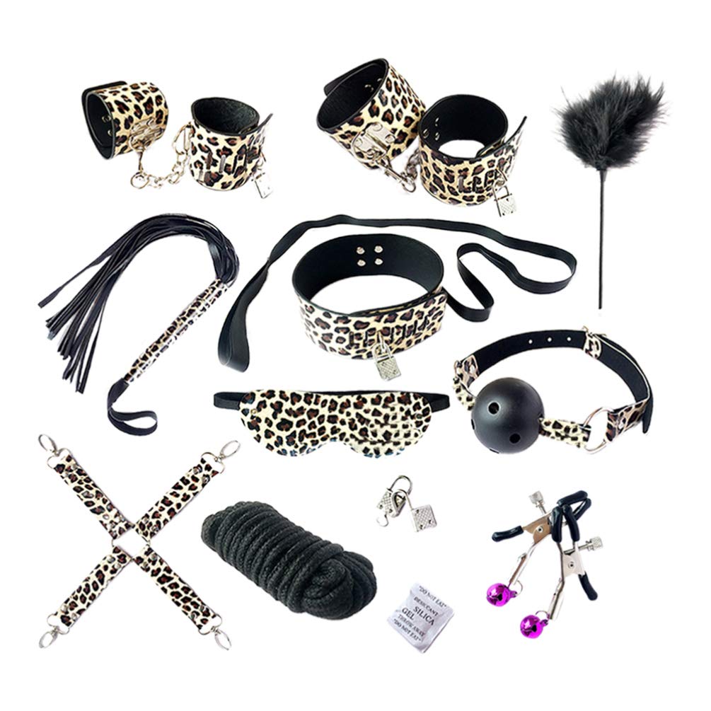 Healifty BDSM Bondage Kit - PU Leather Bed Restraints with Leopard Print for Couples | Handcuffs, Ankle Cuffs & Adjustable Straps | Spice Up Your Bedroom, Role Play & Adult Fun