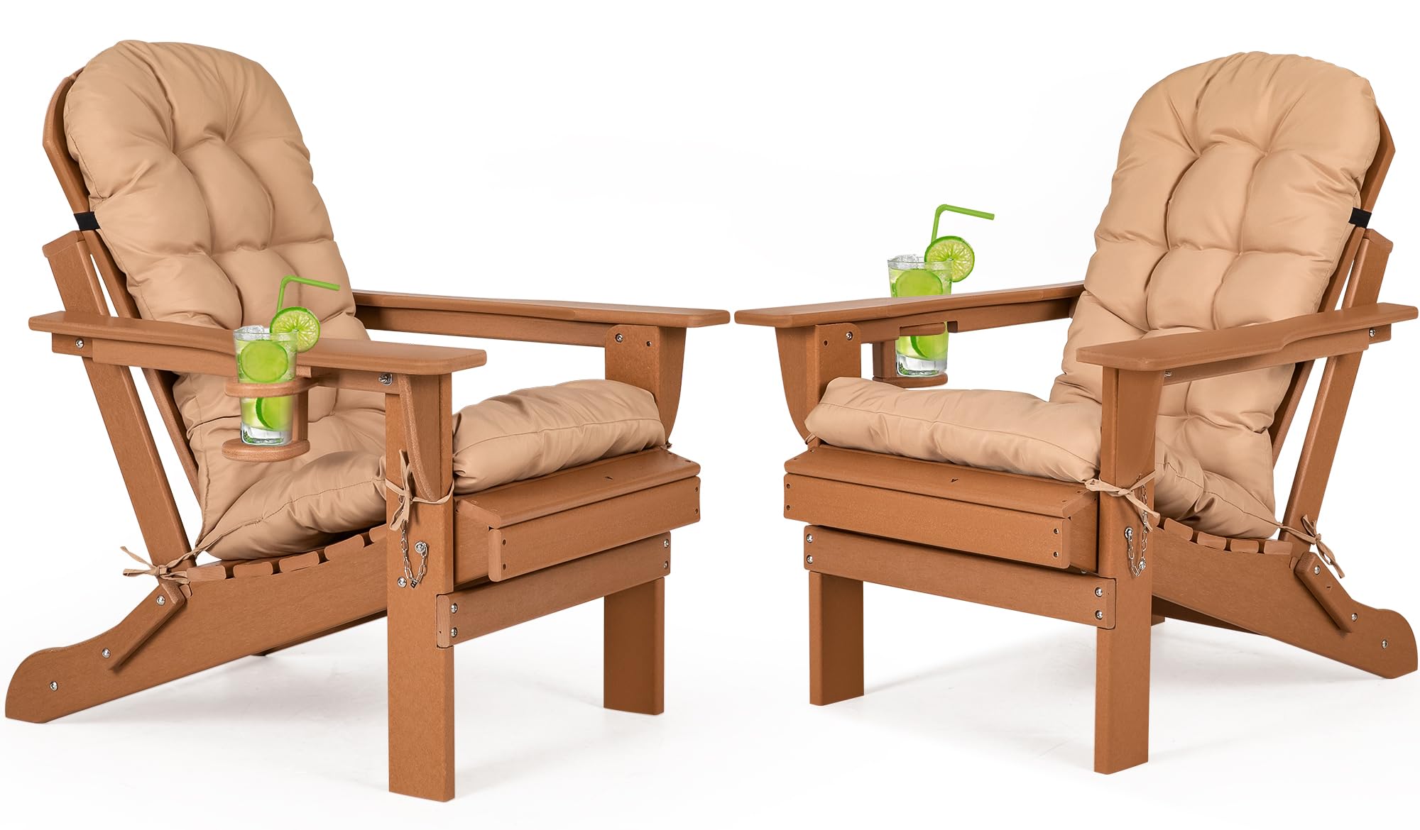 Nalone Folding Adirondack Chairs Set of 2 with Cushion & Cup Holder - HDPE Plastic Oversized Patio Chairs, Weather-Resistant Outdoor Furniture for Garden, Deck, Fire Pit, Camping & Backyard Relaxation (Teak Color)