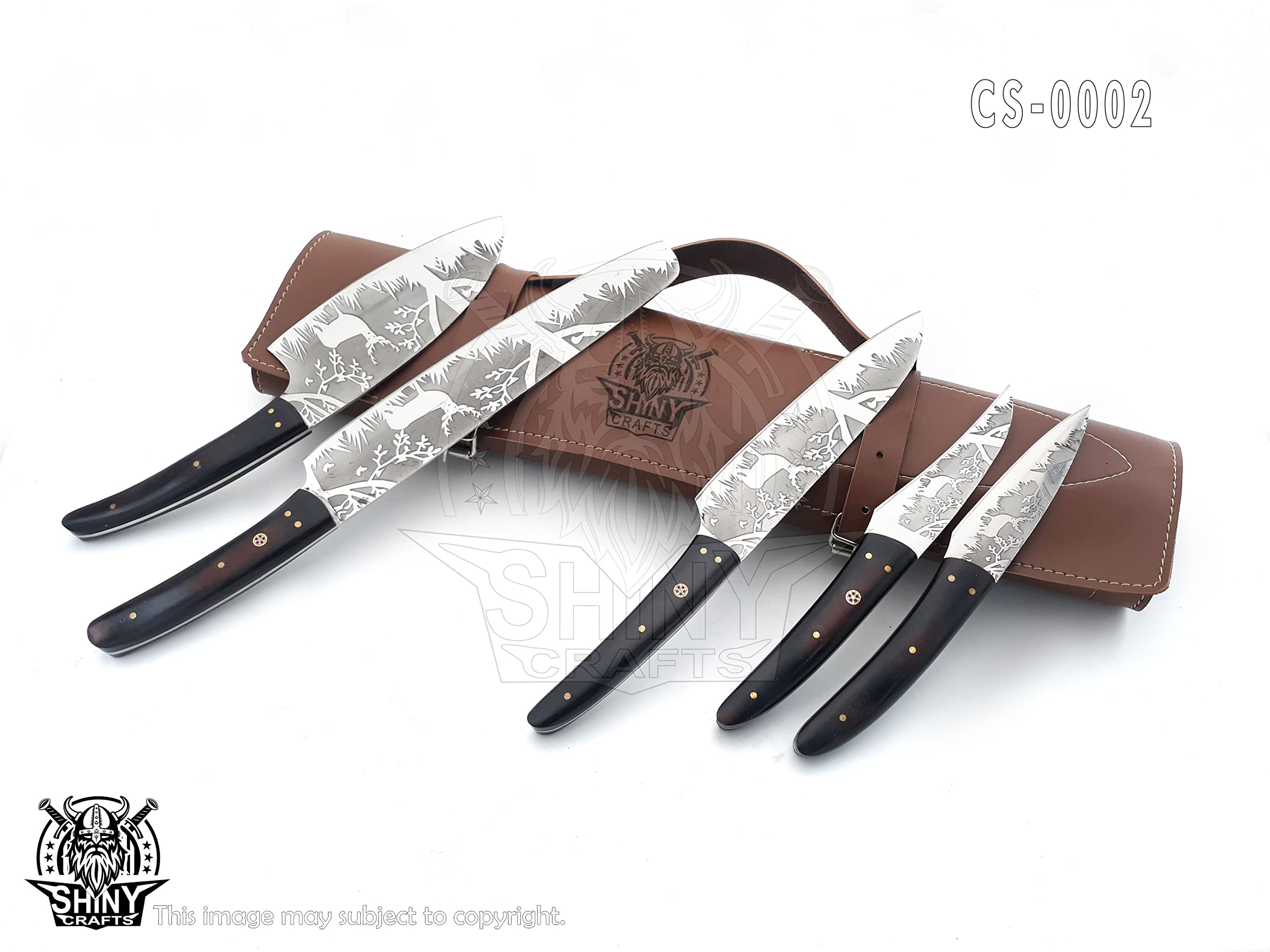 Premium Handmade Etched Forest Kitchen Knife Set - D2 Steel Blade, Wood Handle, Leather Pouch Roll - High Tempered Razor-Sharp Chef Knives for Professional Cooking & Outdoor Camping (CS-02)