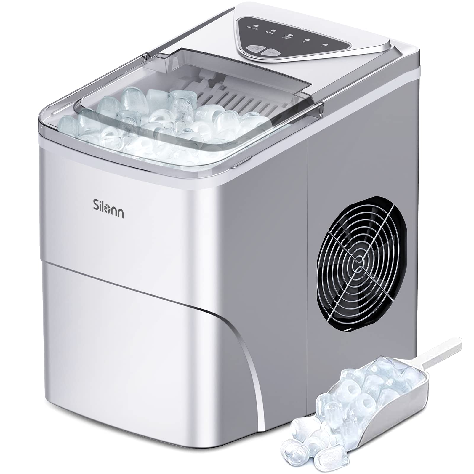 Silonn Countertop Ice Maker Machine - 9 Cubes in 6 Minutes, 26lbs Daily - Self-Cleaning with Ice Scoop & Basket - 2 Bullet Ice Sizes for Home, Kitchen, Office, Bar & Party Use - Silver (Perfect for Cocktails, Beverages & Entertaining)