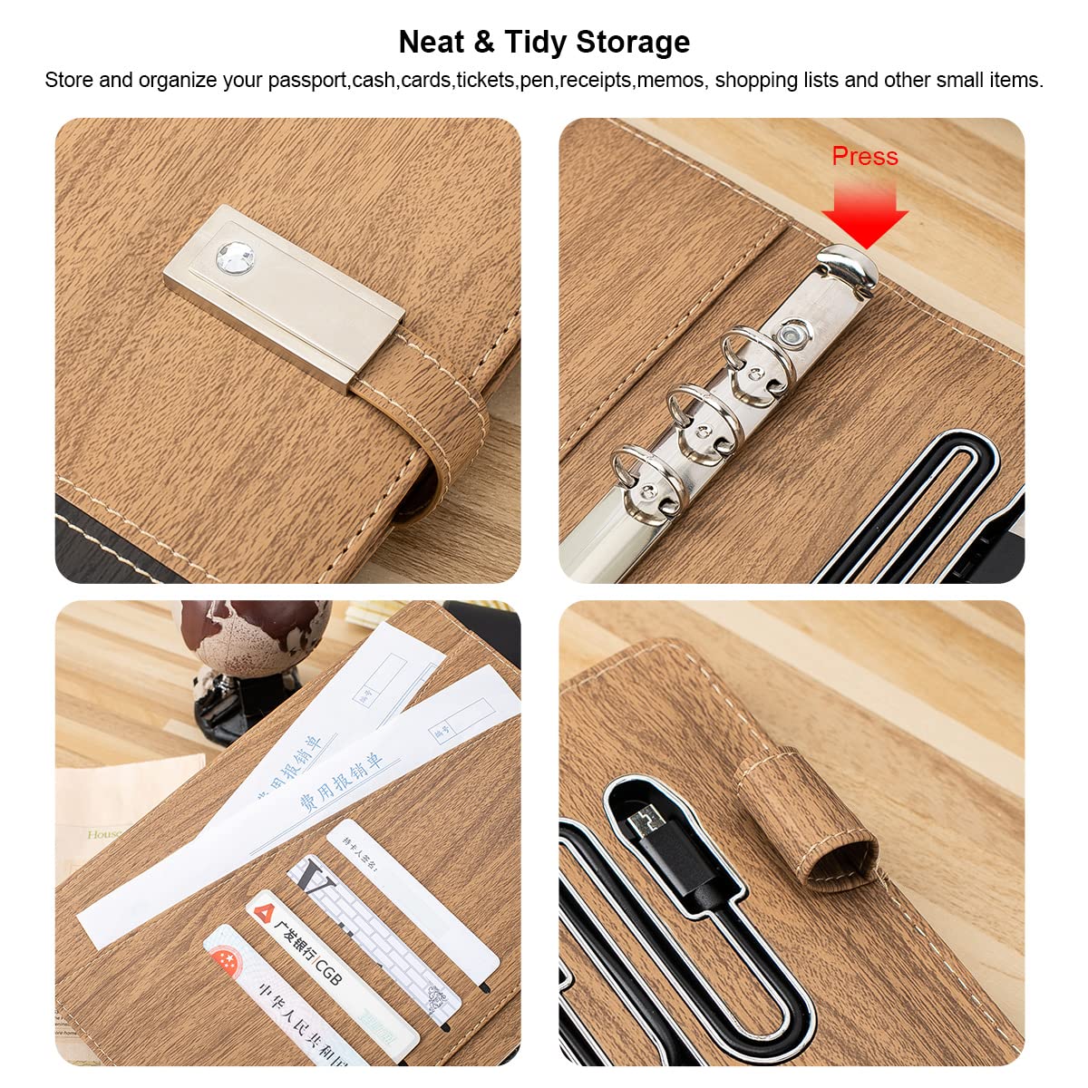 Premium Leather A5 Binder with 8000mAh Power Bank - 6-Ring Planner Notebook Organizer with Document Sleeve, Card Holder & Pencil Loop - Compatible with A5 Filler Paper (Wood Grain) - Perfect for Business Meetings, College Students & Office Professionals