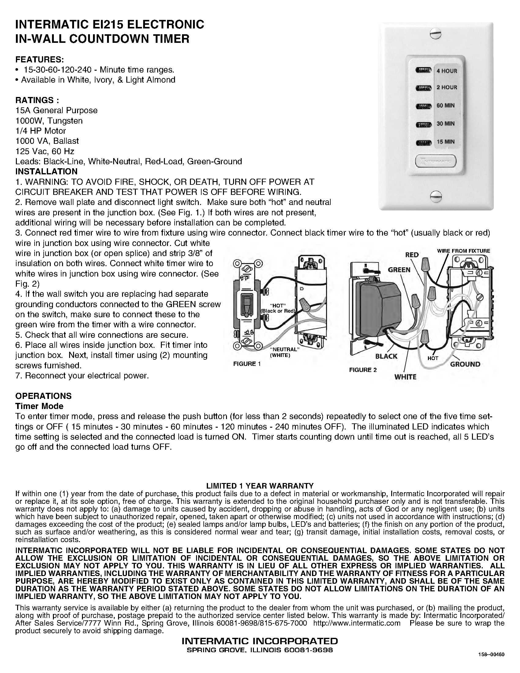 Intermatic EI215 2/4 Hour SPST 1800-Watt In-Wall Countdown Timer with 15/30/60 Minute Settings - Ivory - Perfect for Bathroom Fans, Lights & Appliances - Energy Saving Home Automation Solution