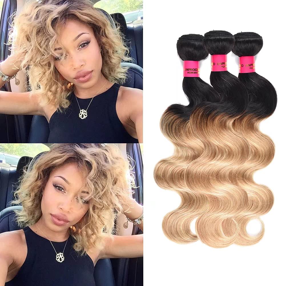 WOME Brazilian Ombre Human Hair Bundles - 3 Bundles Unprocessed #1B/27 Blonde Ombre Two Tone Hair Wefts Extensions (10