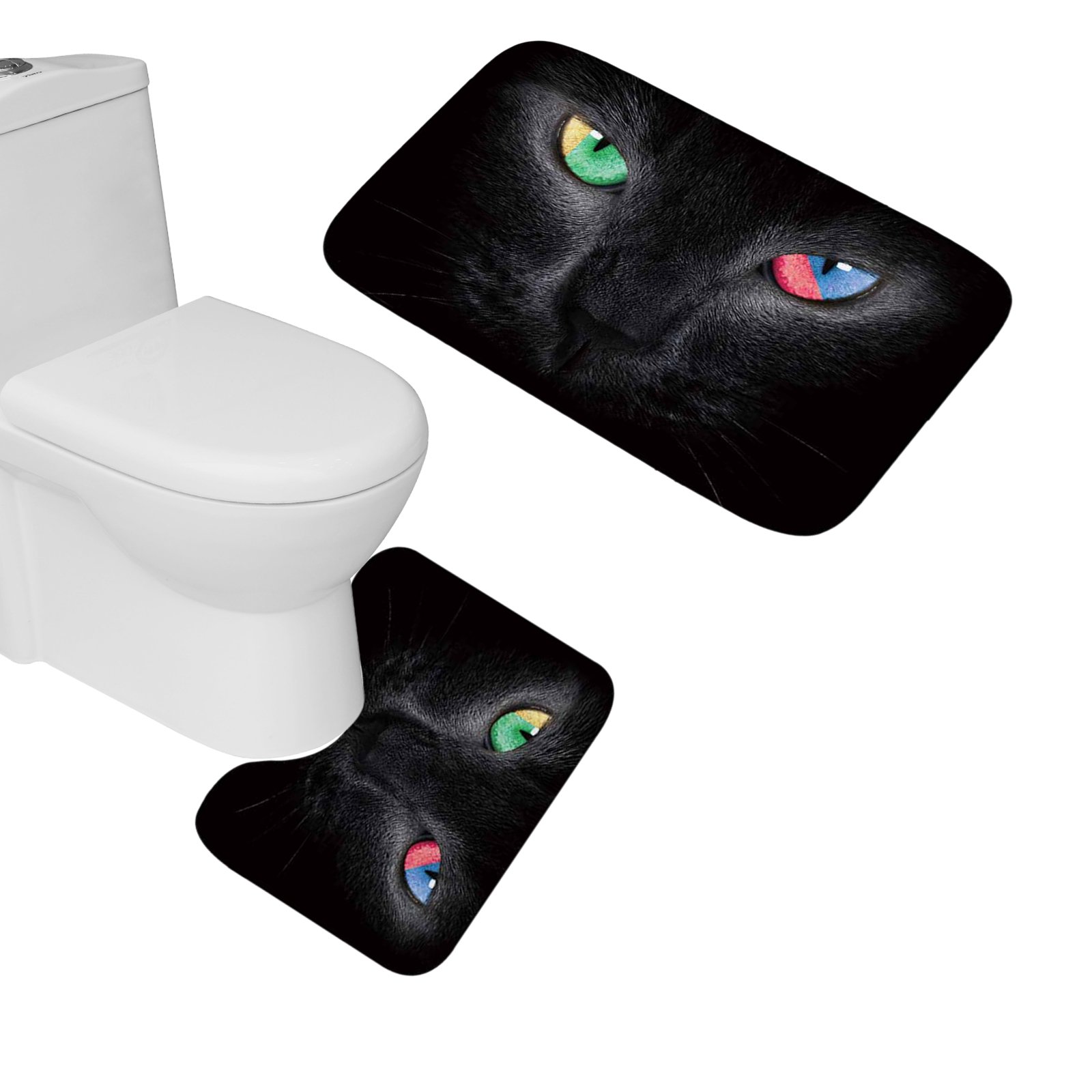 2-Piece Black Cat Bathroom Mat Set with Multicolor Eyes - Non-Slip Contour Mat & Plush Bath Mat (Green, Yellow, Blue & Pink) - Soft & Absorbent for Bathroom, Kitchen, Laundry Room & Pet Areas