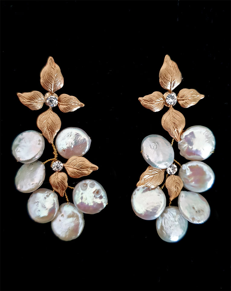 Elegant Bridal Earrings with Gold Leaf & Freshwater Pearl Drops by Siam by Stephanie Browne – Perfect for Weddings, Prom & Special Occasions