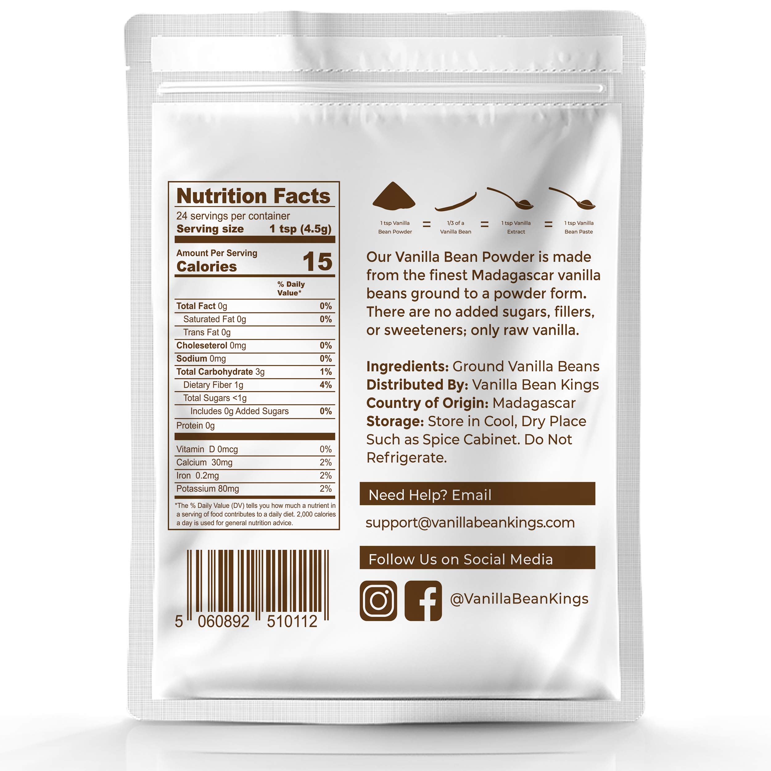 100% Pure Madagascar Vanilla Bean Powder - 1 LB | Raw, Unsweetened, No Fillers or Additives | Perfect for Baking, Cooking, Coffee, Tea, Yogurt & Smoothies | Organic, Natural Flavor Enhancer for Desserts, Drinks & Recipes