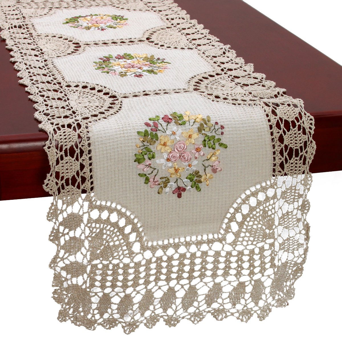 Handmade Crochet Cotton Lace Table Runner - 16 x 36 Inch Elegant Dresser Scarf with Ribbon Embroidery - Perfect for Dining Table, Wedding Decor & Home Decoration