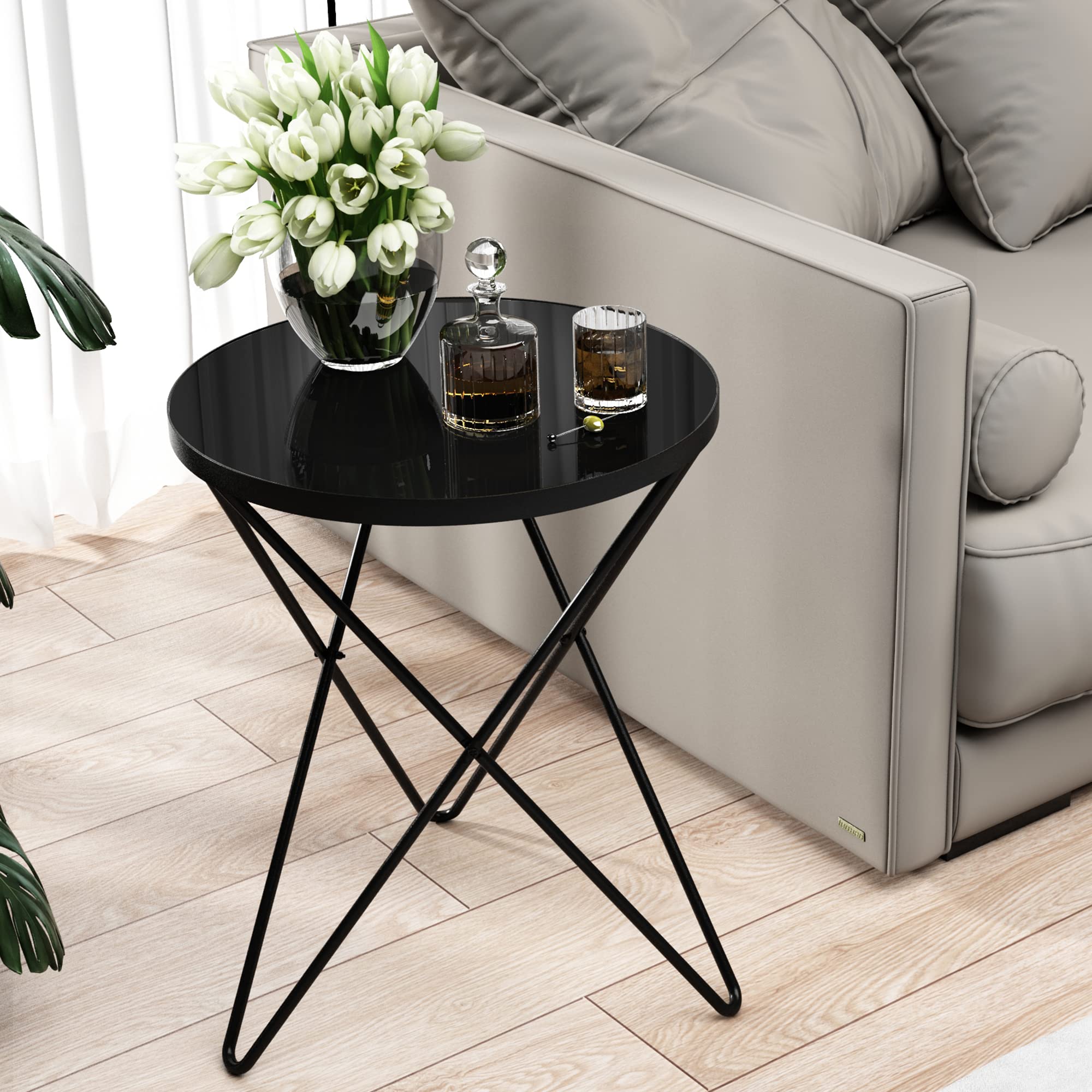 Modern Round Side Table with Marble Effect Top & Gold Metal Frame - Small End Table for Living Room, Bedroom, Sofa & Couch - Black Legs & Black Glass Top - Perfect for Coffee Table Decor, Reading Nook & Small Space Furniture