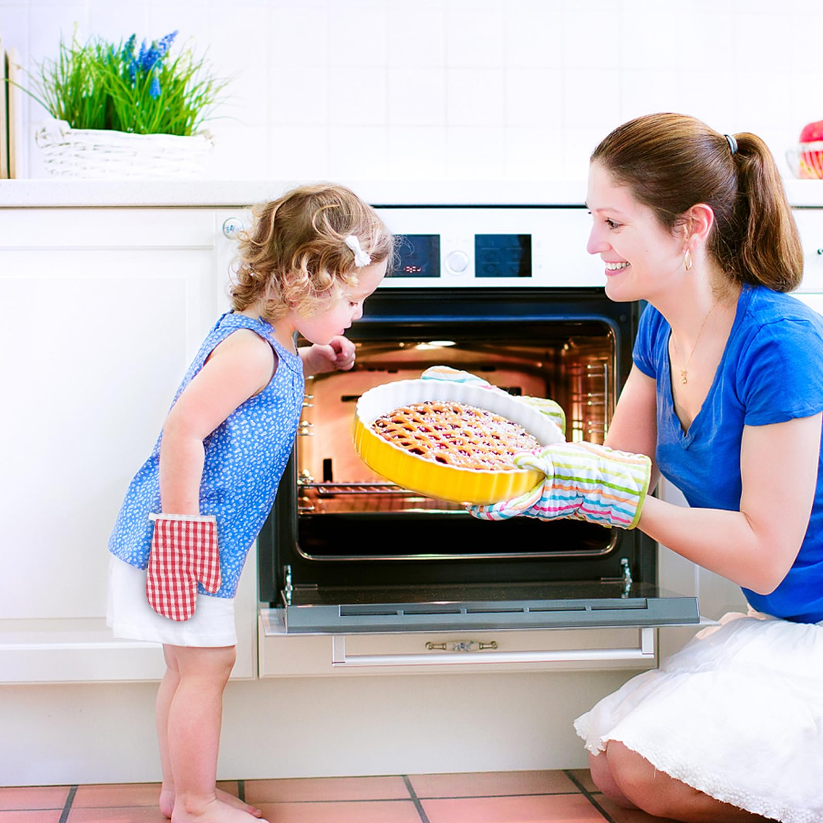 UPKOCH Red Plaid Heat Resistant Oven Mitts for Kids - Cute Kitchen Gloves for Baking & Cooking (2 Pack) - Extra Long Silicone Lined Mittens - Perfect for Young Bakers, Home Chefs & Holiday Cookie Decorating