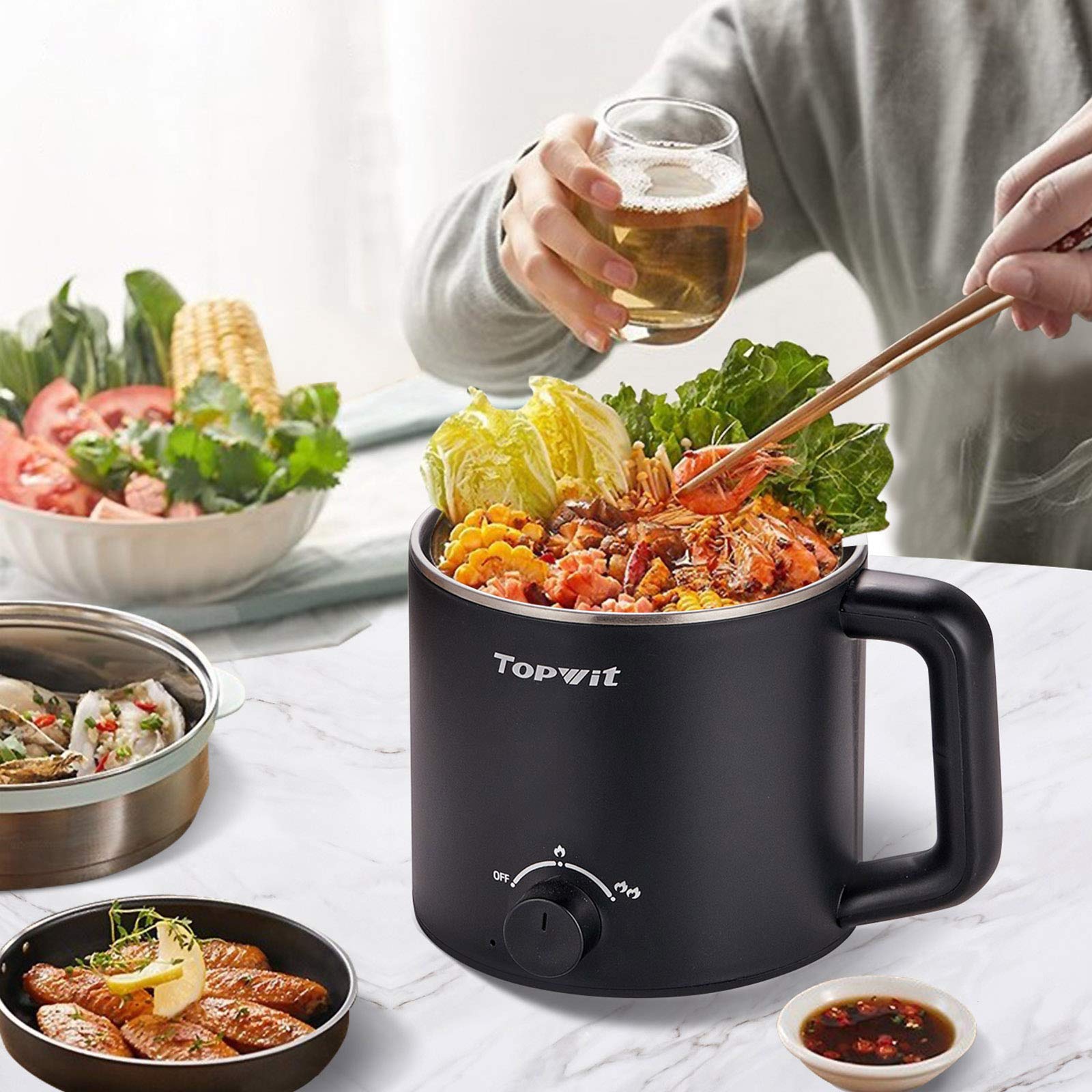 Topwit 1.6L Electric Hot Pot - Multi-Function Cooker for Ramen, Pasta, Shabu-Shabu, Soup & Eggs | Portable Mini Cooking Pot for Dorm, Office & Camping | Black