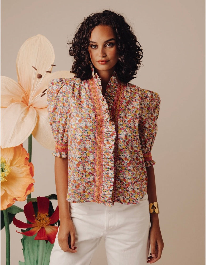 Zuri Women's Short Sleeve Blouse - Floral Libby Print Cotton Top for Casual Wear & Summer Outfits
