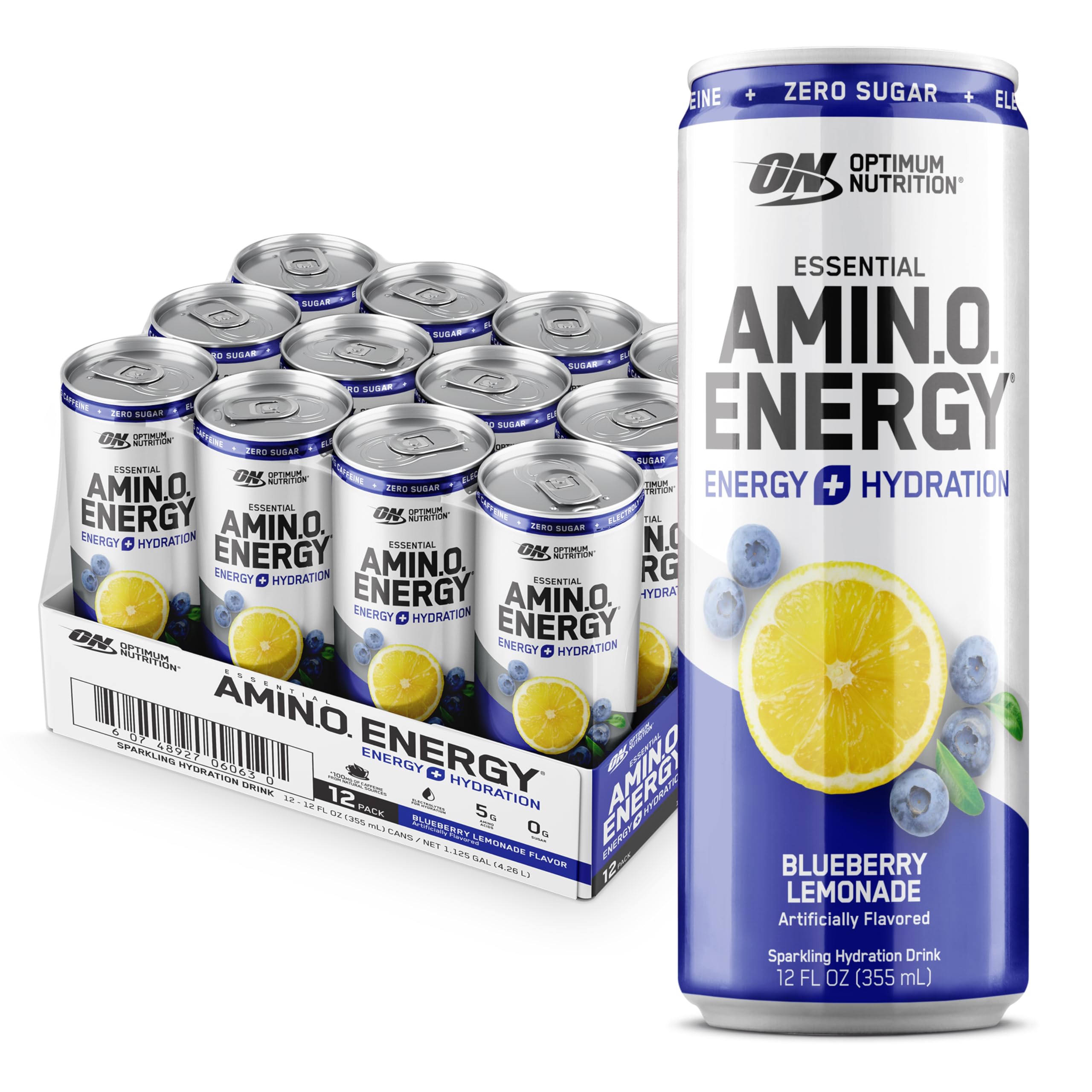 Optimum Nutrition Amino Energy Sparkling Hydration Drink with Electrolytes, Caffeine & BCAAs - Sugar Free Blueberry Lemonade Flavor, 12 Fl Oz (12 Pack) - Perfect for Workouts, Post-Exercise Recovery & Daily Hydration