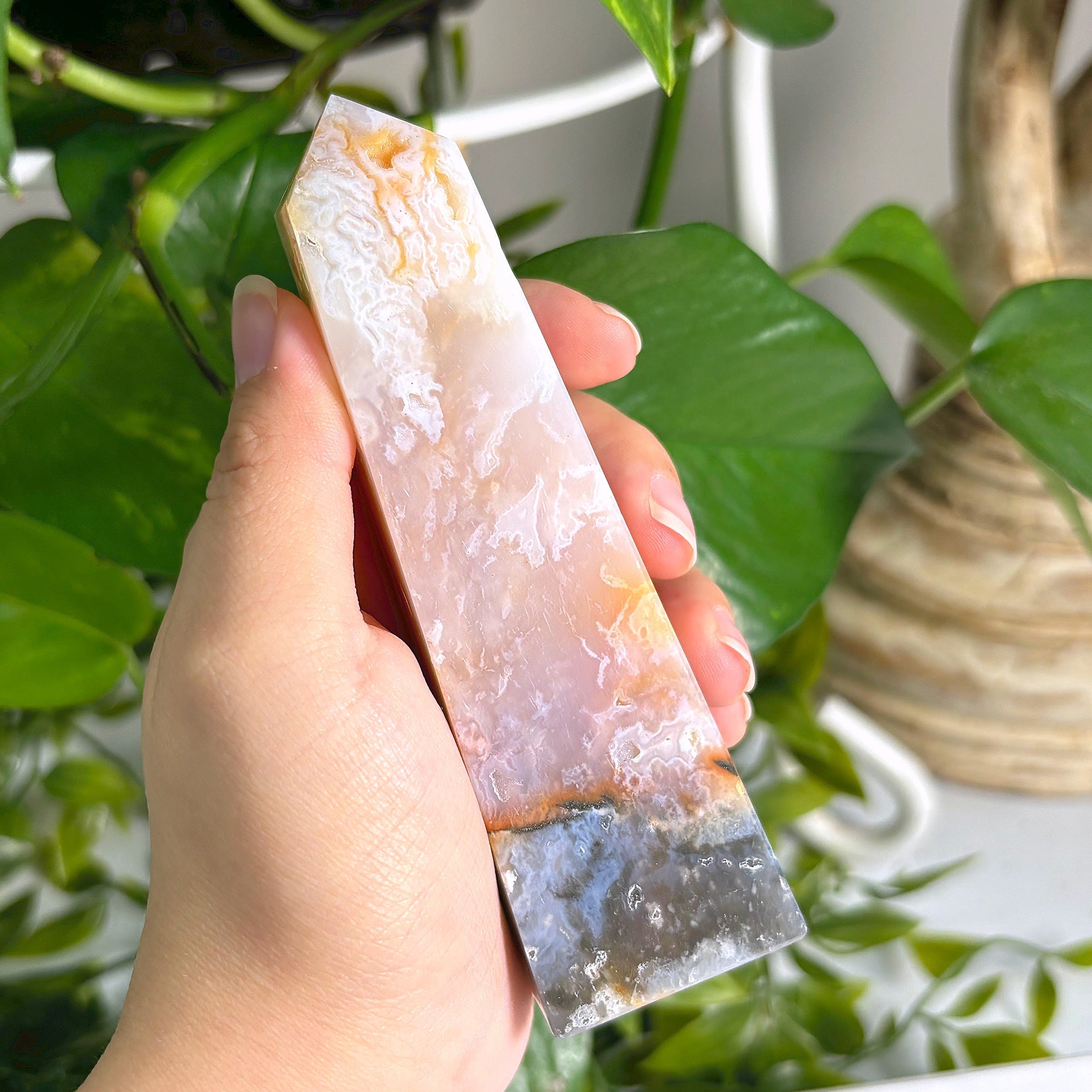Natural Pink Plume Agate Obelisk Tower Point - Unique Raw Crystal with Distinctive Patterns for Collectors, Home Decor & Healing | Feng Shui, Meditation & Gift Idea