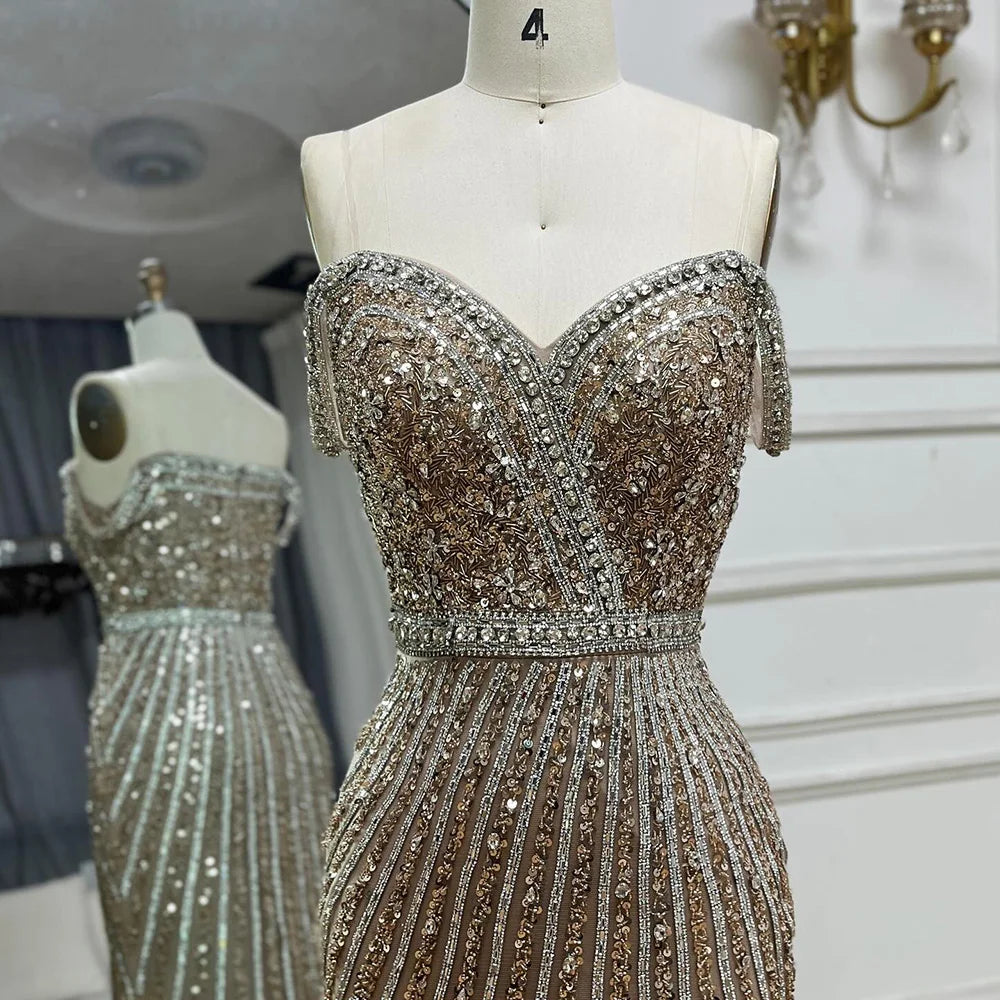 Luxury Dubai Caramel Spaghetti Strap Mermaid Gown with Feathers & Beads - Saudi Arabian Evening Dress for Formal Occasions LA72715 | Perfect for Weddings, Galas, Red Carpet Events & Special Celebrations