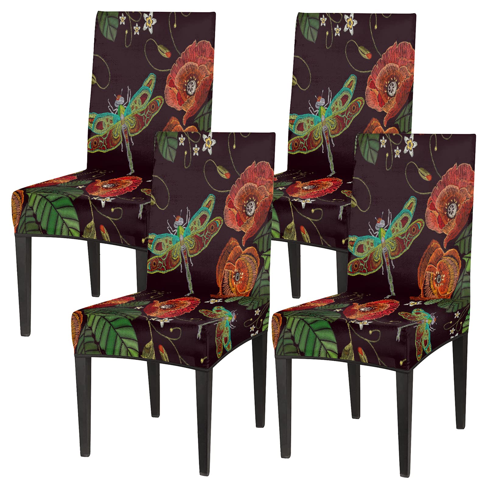 4-Piece Stretchable Washable Dining Chair Slipcovers Set - Traditional Embroidery Floral Dragonfly Design, Removable Seat Covers for Dining Room, Hotel, Party & Home Decor - Perfect for Everyday Use, Special Occasions and Furniture Protection