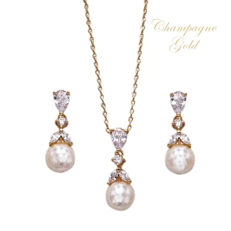 Elegant Champagne Gold Crystal & Pearl Bridal Jewelry Set 7534 - Perfect for Weddings, Proms, and Special Occasions