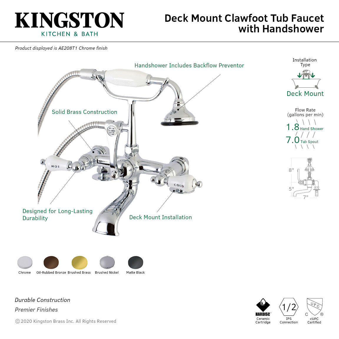 Vintage Style Aqua AE208T1 3-Handle 2-Hole Deck Mount Clawfoot Bathtub Faucet with Hand Shower in Polished Chrome - Perfect for Classic Bathroom Renovations & Luxury Spa Experiences