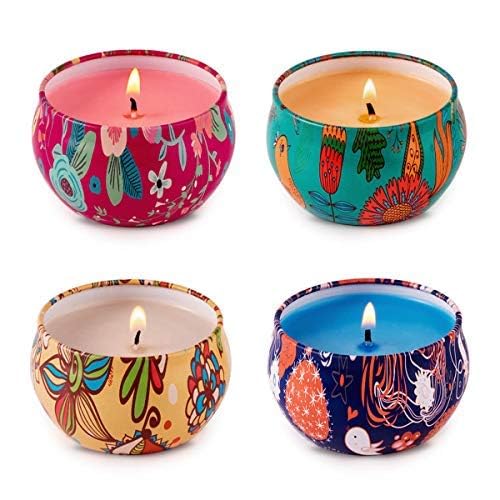 Premium Scented Soy Wax Candles Gift Set - Rose Jasmine, Orange Coffee & Seasalt Lilac Fragrances (4-Pack) | Natural Travel Tin Candles for Home Decor, Romantic Dinner, Spa Relaxation & Party Ambiance