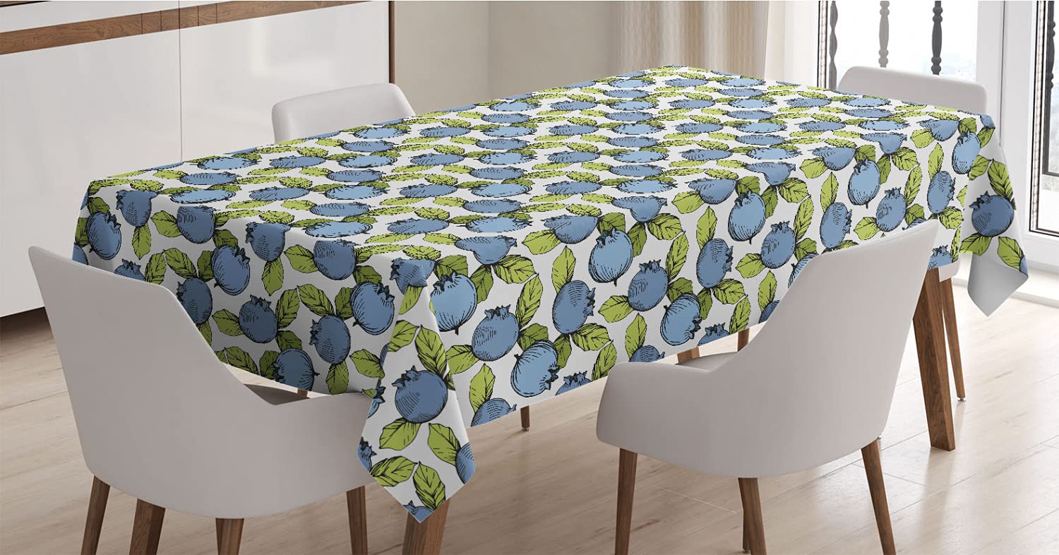 Ambesonne Botany Tablecloth - Blueberries and Leaves Forest Fruits Design, Rectangle Satin Dining Table Cover 52x70 Inches, Apple Green Slate Blue - Perfect for Kitchen, Dining Room, and Outdoor Picnics