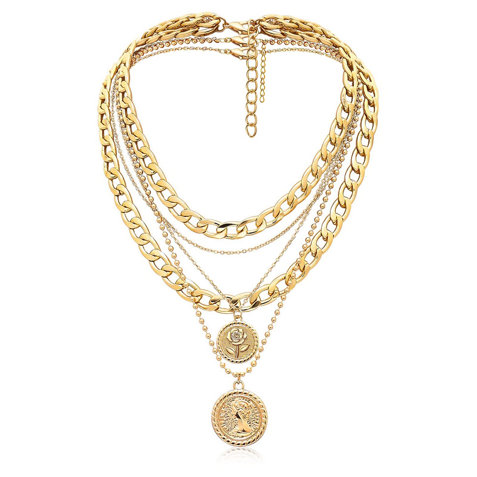 MJartoria 14K Gold Layered Necklace for Women - Trendy Retro Coin Pendant Chunky Link Chain Choker - Elegant Dainty Jewelry for Girls Birthday Gifts, Perfect for Date Night, Office Wear and Special Occasions