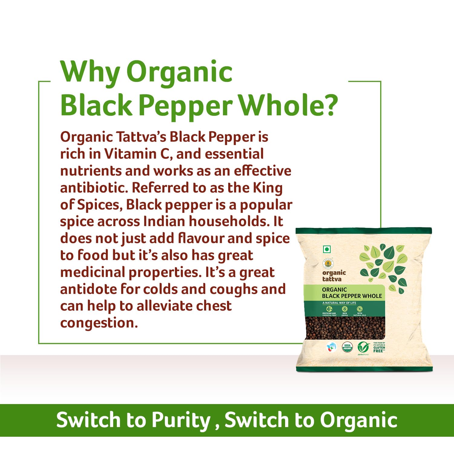 Organic Tattva Gluten-Free Black Pepper (Kali Mirch) - 100g | Farm-Fresh, Naturally Processed, No Artificial Additives | Perfect for Cooking, Seasoning & Healthy Recipes