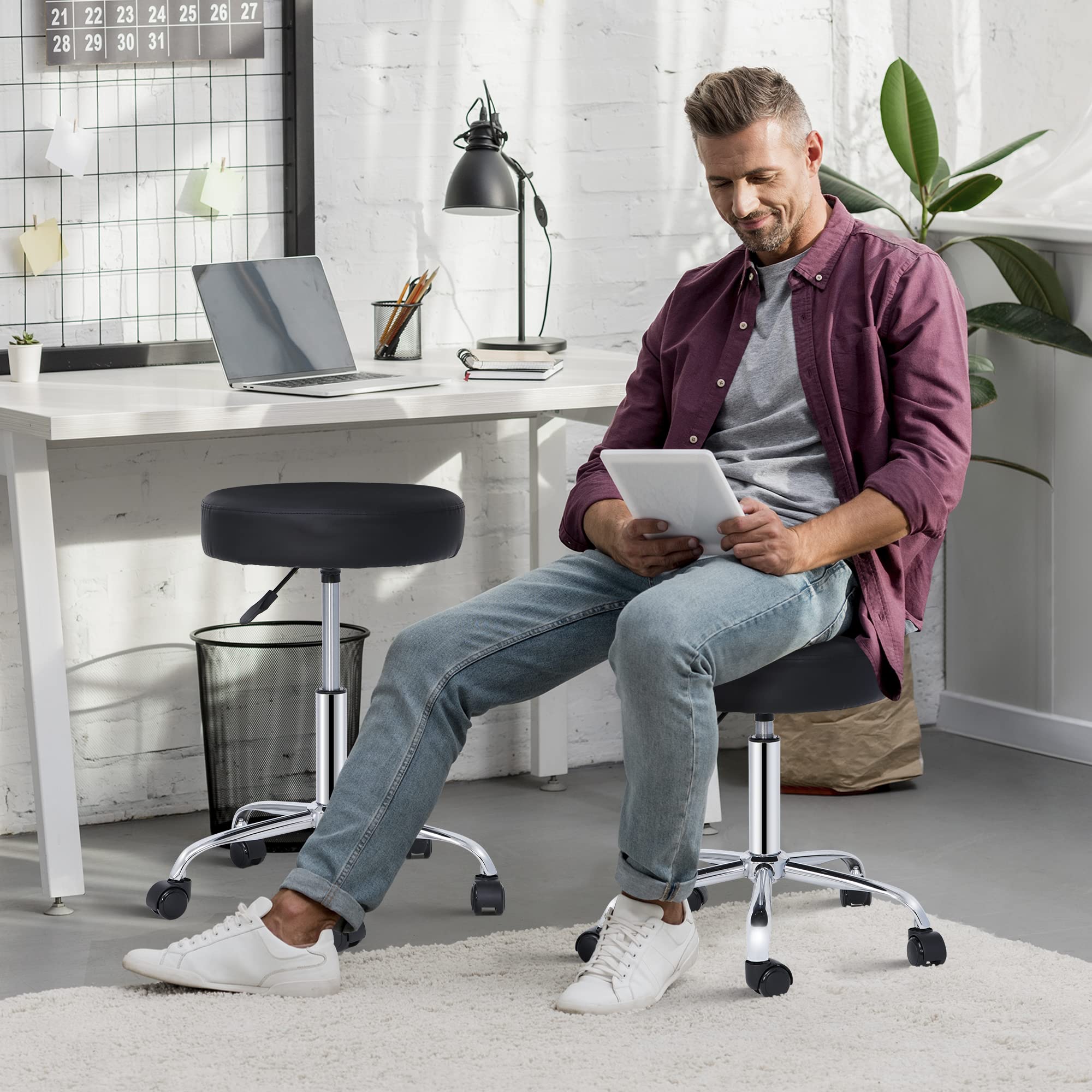 Adjustable PU Leather Rolling Stool - Swivel Office Chair with Wheels & Soft Padding for Home, Salon, Spa, Massage, Tattoo | Perfect for Beauty, Medical & Tattoo Studios