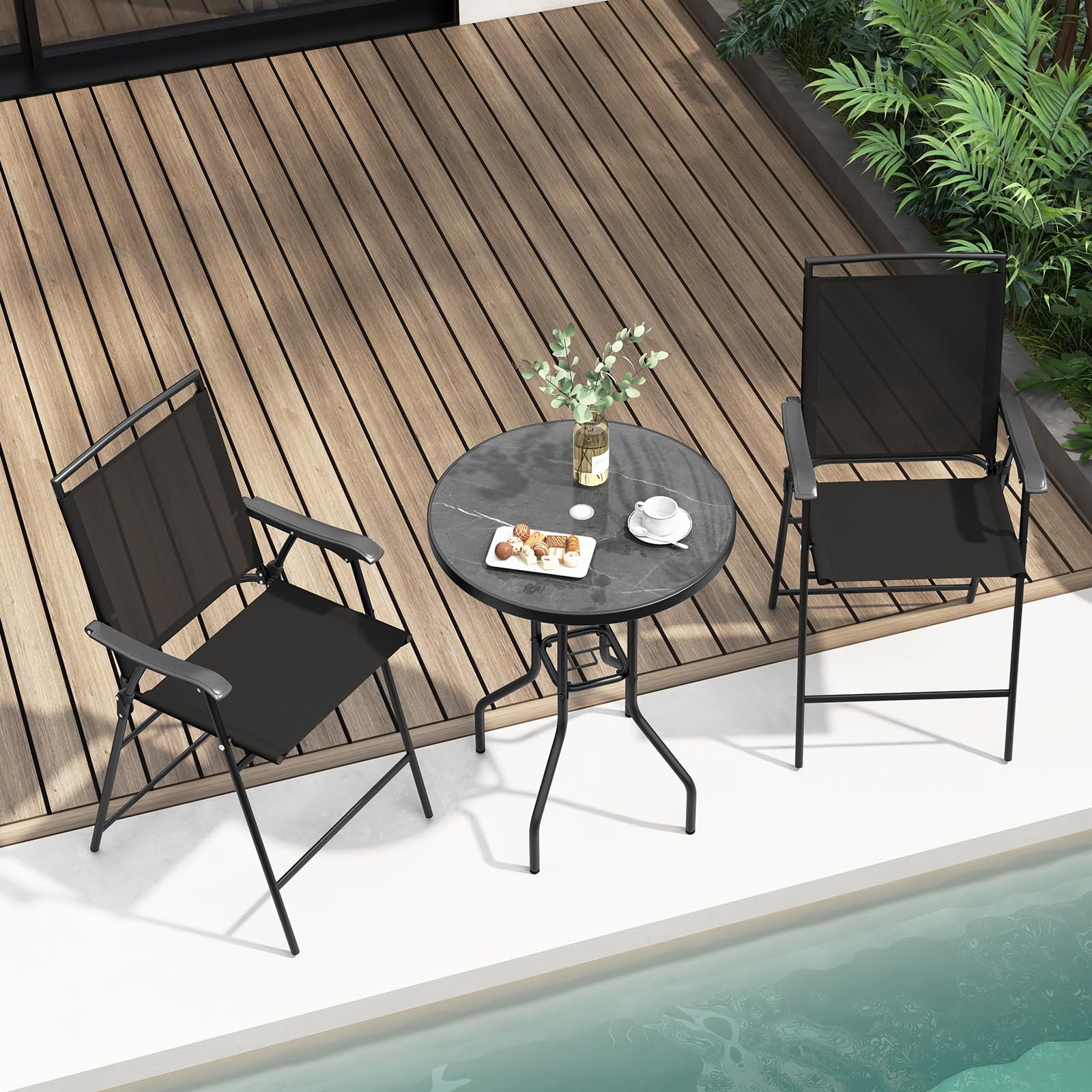 COSTWAY 3-Piece Outdoor Bistro Set with DPC Tabletop & Umbrella Hole - Round Patio Table & 2 Folding Bar Stools - Perfect for Poolside, Deck, Porch, Garden or Backyard Dining - Black