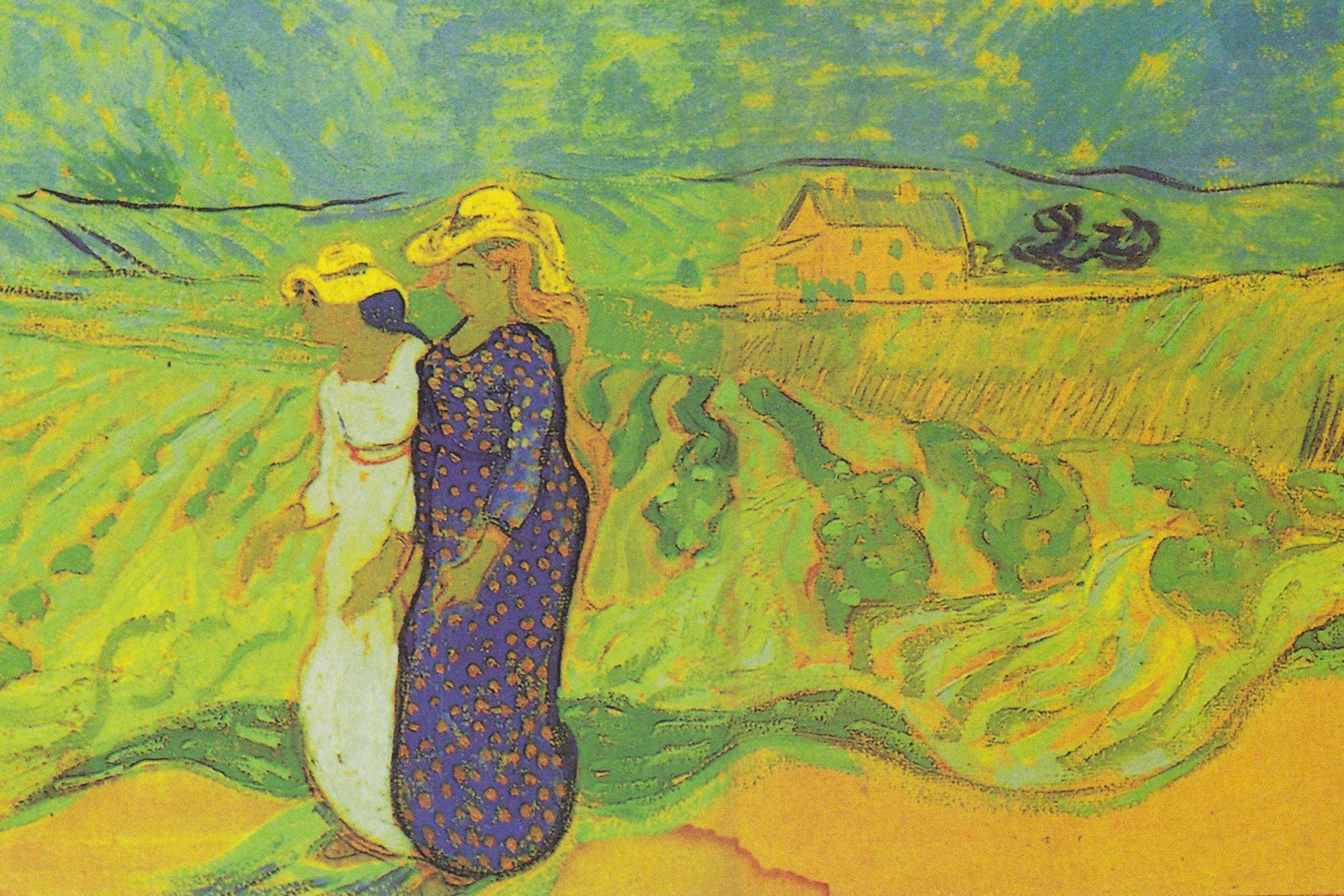Vincent Van Gogh Two Girls Walking in The Fields Art Print - 18x12 Inch Textured Paper Poster - Dutch Post-Impressionist Painting Reproduction - Home Office Wall Decor Gift for Art Lovers