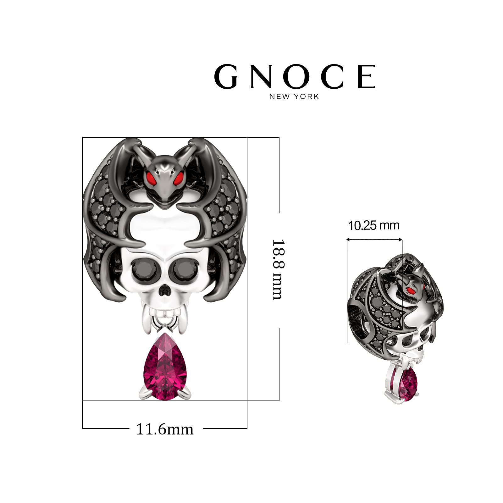 GNOCE Skull Charms - Glowing Bat Skull Pendant with Black Cubic Zirconia & 925 Sterling Silver - Handmade Gothic Jewelry for Bracelets & Necklaces - Perfect for Halloween, Gothic Fashion, and Alternative Style Accessories