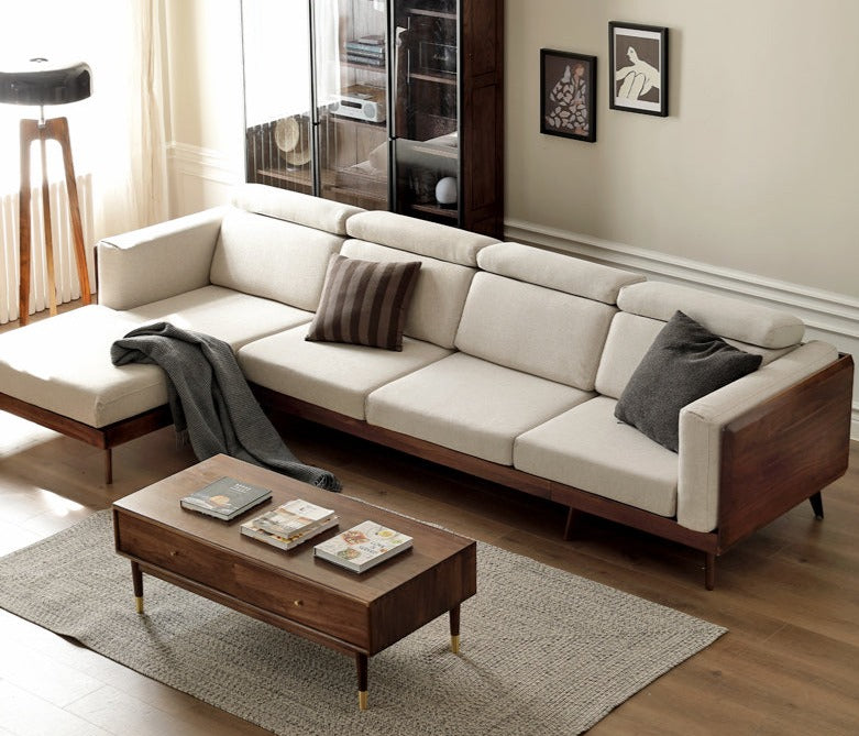 Premium Black Walnut & Ash Solid Wood Adjustable Headrest Sofa - Modern Living Room Furniture for Relaxation & Comfort