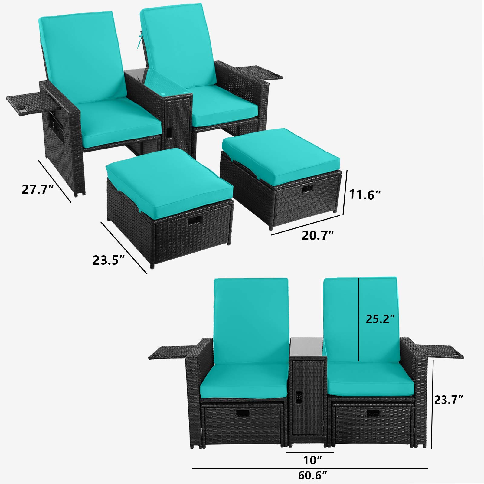 5PCS Outdoor PE Rattan Patio Furniture Set - Adjustable Backrest Loveseat Sofa, Coffee Table & Ottoman - Perfect for Garden, Beach, Poolside, Balcony, Backyard & Deck - Weather-Resistant Wicker Lounge Set for Relaxing Outdoors
