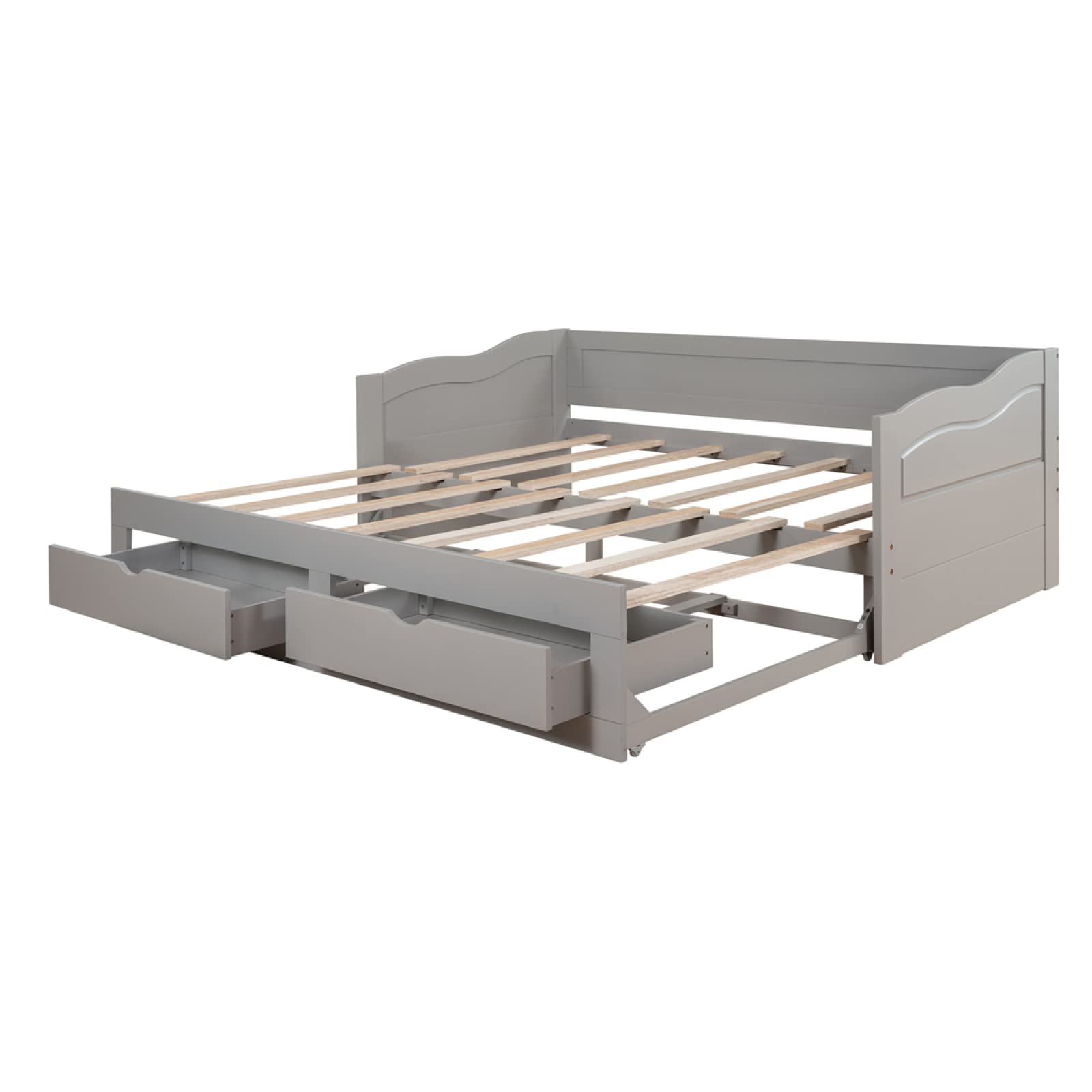 Twin Size Daybed with Pull-Out Sleeper Sofa Bed & 2 Storage Drawers - Modern Wooden Extendable Bed Frame - Trundle Bed Set for Bedroom, Living Room, Guest Room - Gray - Perfect for Small Spaces, Sleepovers & Extra Storage