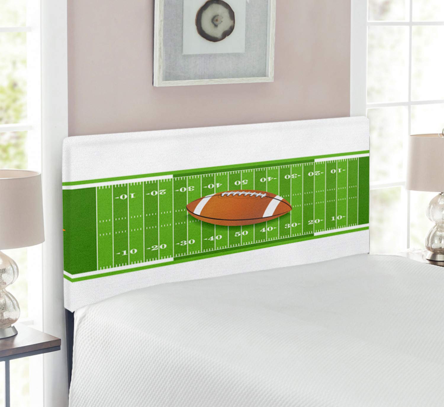Ambesonne Football Headboard - Sports Themed Cartoon Style Ruby Quincunx Ball Design, Upholstered Decorative Metal Bed Frame with Memory Foam Padding, Twin Size in Pale Caramel & Lime Green - Perfect for Kids' Bedrooms, Sports Themed Decor & Football Fan Gifts