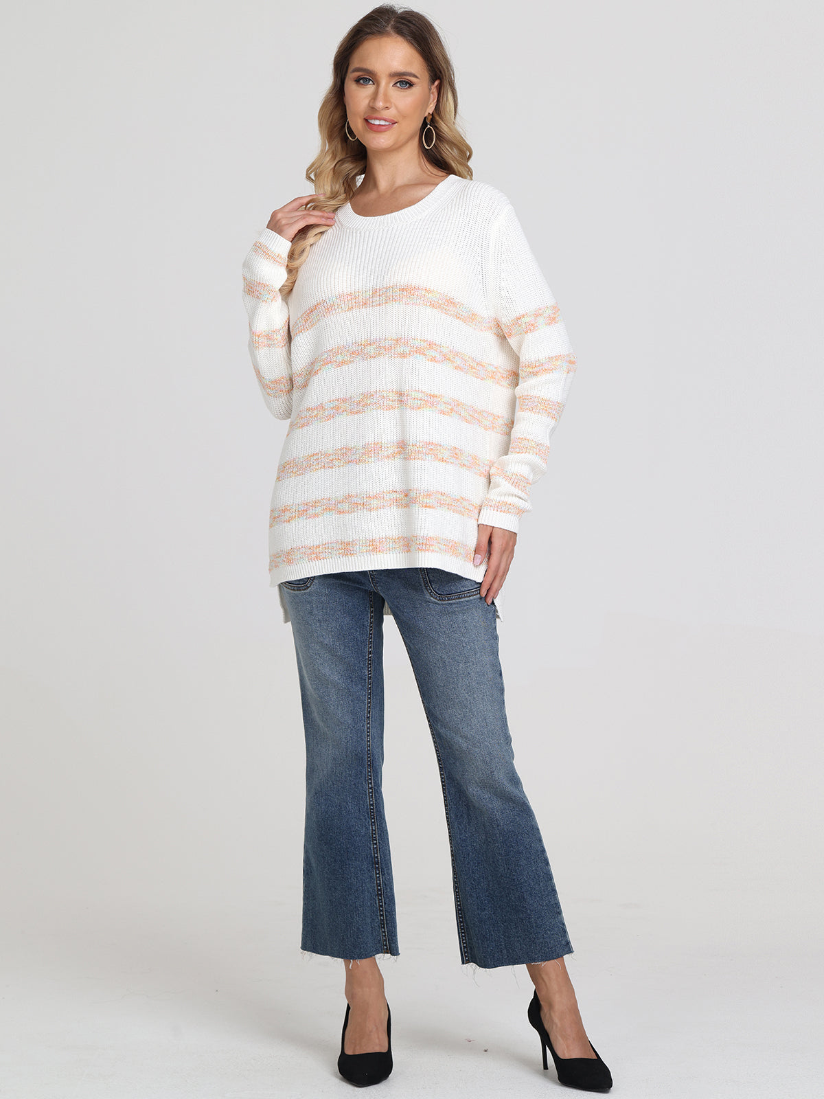 Emma Stripe Crewneck Shaker Sweater for Women - Cozy Knit Pullover with Classic Stripes | Perfect for Casual Outfits, Office Wear & Fall Layering