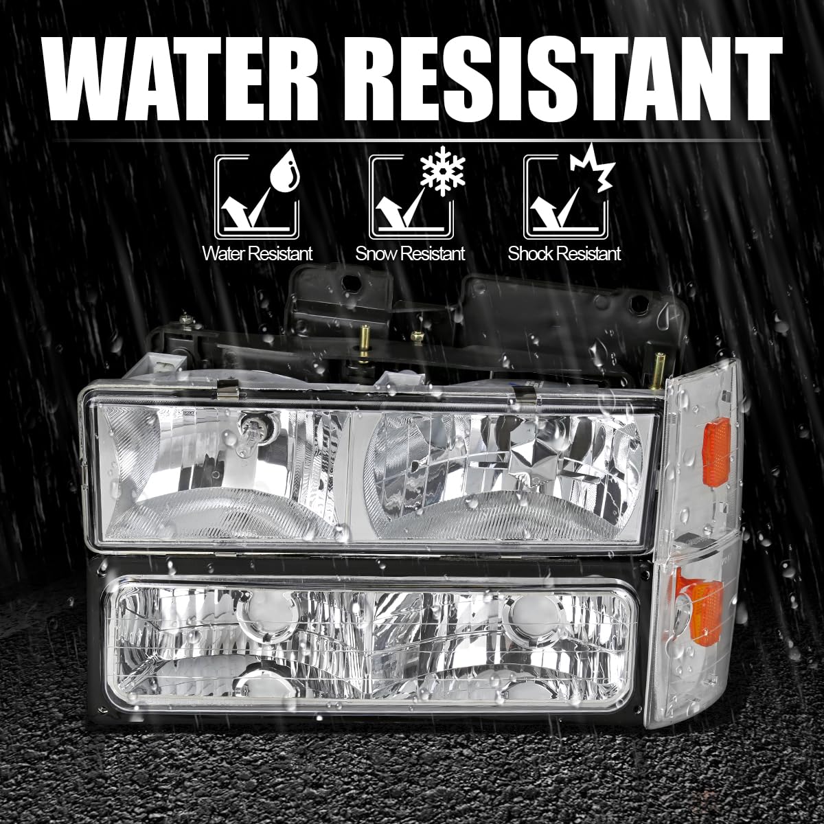 Spec-D Tuning Chrome Headlights, Bumper Lights & Corner Lights for 1988-1993 Chevy C10 Pickup C/K 1500 2500 3500 Silverado Sierra - Left & Right Headlamp Assembly - Upgrade Your Truck's Style & Night Visibility (Perfect for Off-Roading, Night Driving & Car Shows)