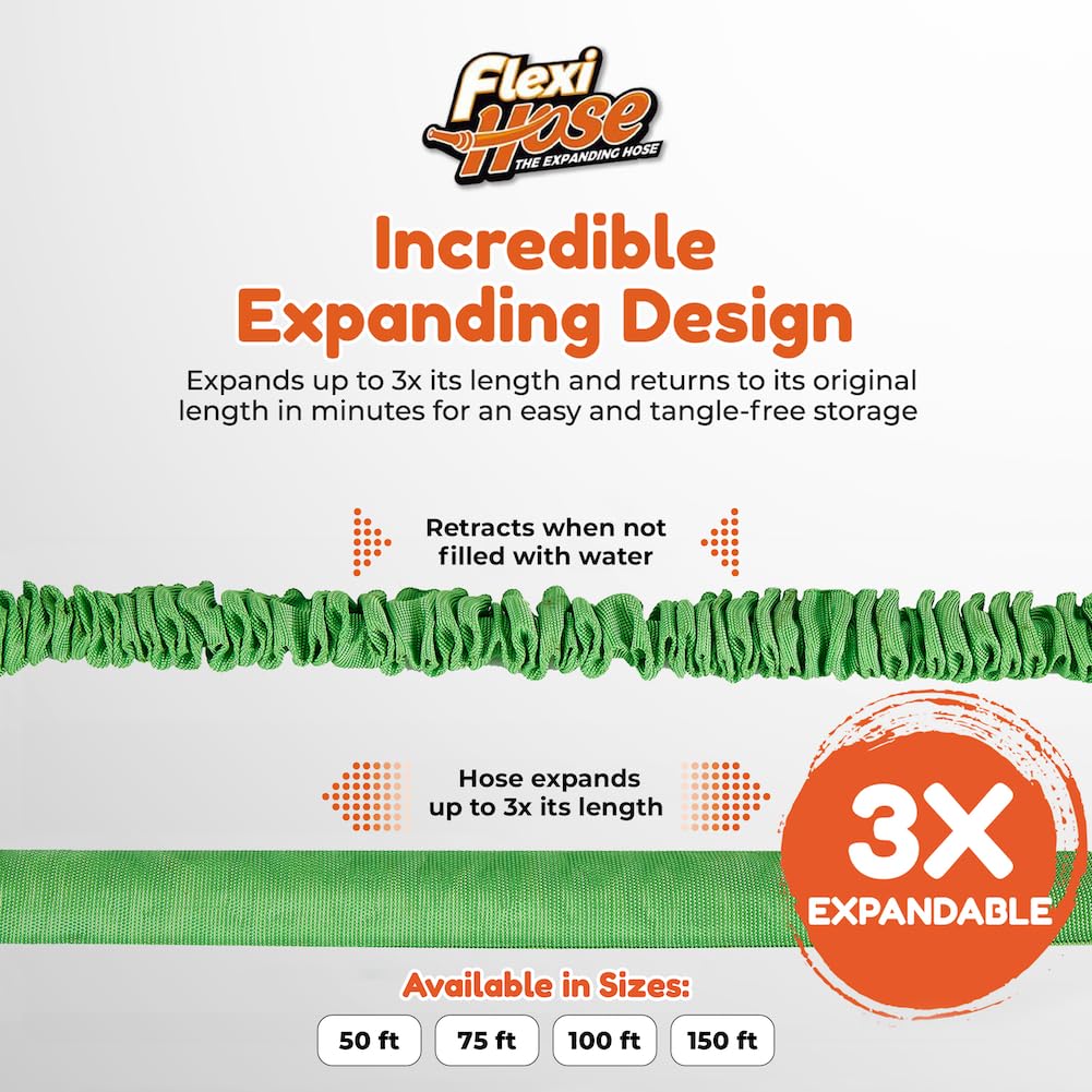 Flexi Hose Expandable Garden Hose 150FT - Heavy Duty Water Hose with 3/4-Inch Solid Brass Fittings, Retractable Design & Spray Nozzle Included - Green (45 Meters) - Perfect for Lawn Care, Car Washing, and Outdoor Watering