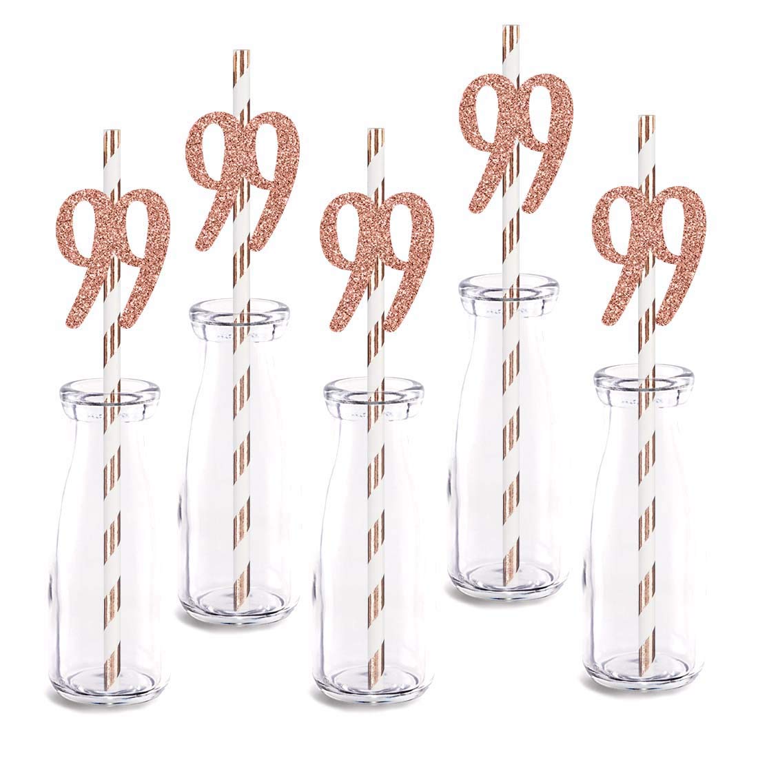 Rose Gold Glitter 99th Birthday Party Straws - 24pcs Cut-Out Number 99 Drinking Decorations for Milestone Celebrations, Anniversaries & Special Occasions