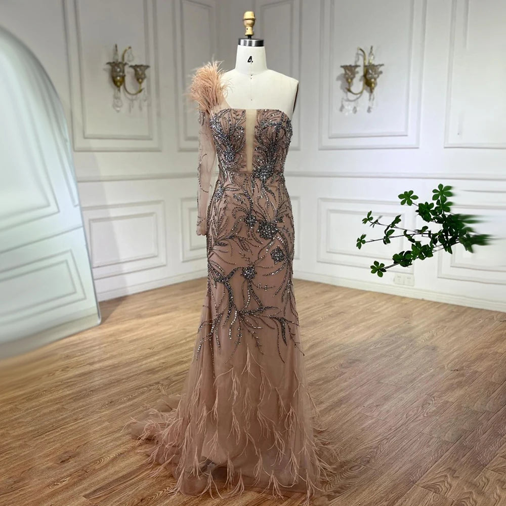 Luxury Dubai Nude One Shoulder Beaded Feather Mermaid Evening Dress for Women - Wedding, Party, Prom & Special Occasion Gowns - Elegant Formal Gown LA72508