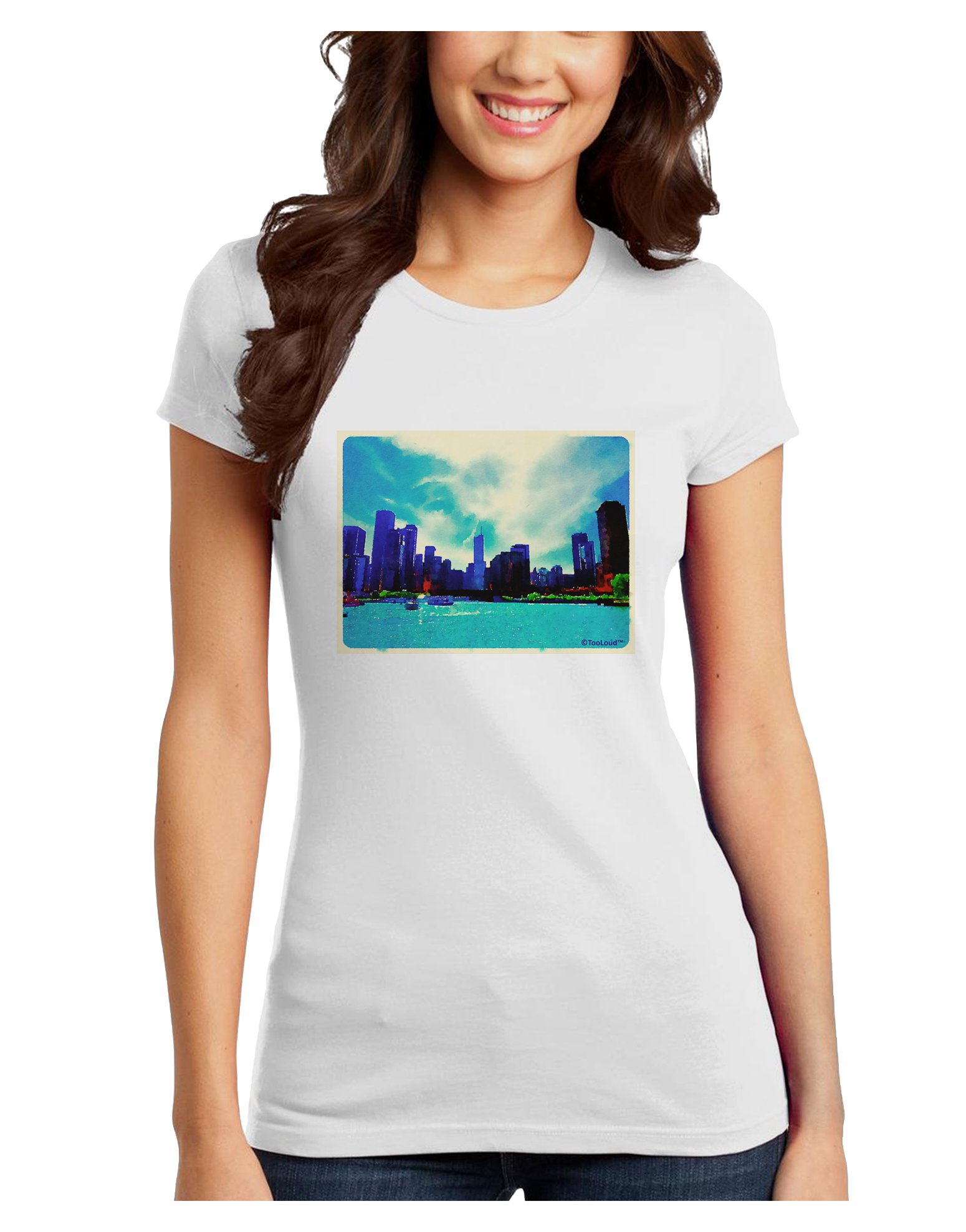 TOOLOUD Chicago Skyline Watercolor Juniors T-Shirt | Artistic Graphic Tee for Women & Girls | Casual Streetwear, Urban Fashion, Gift Idea
