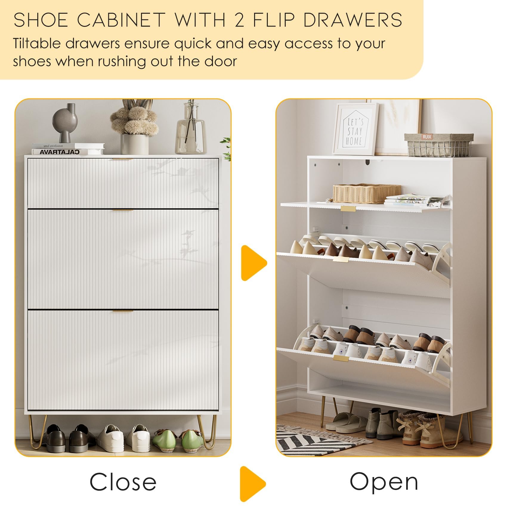 White Vertical Shoe Storage Cabinet with 2 Flip Drawers - Freestanding Narrow Shoe Rack Organizer for Entryway, Hallway & Closet - Space Saving Shoe Cabinet for Home Organization
