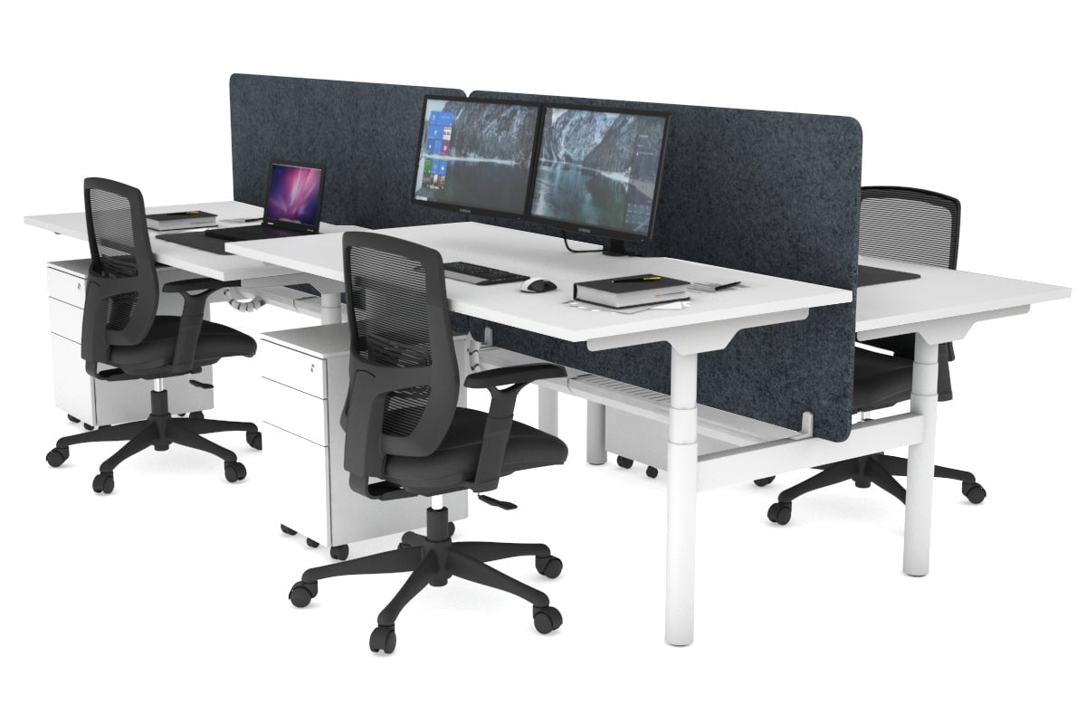 Flexi Premium Height Adjustable 4-Person H Bench Workstation - White Frame [1200L x 800W with Cable Management] - Ideal for Office, Coworking Spaces & Collaborative Work Environments