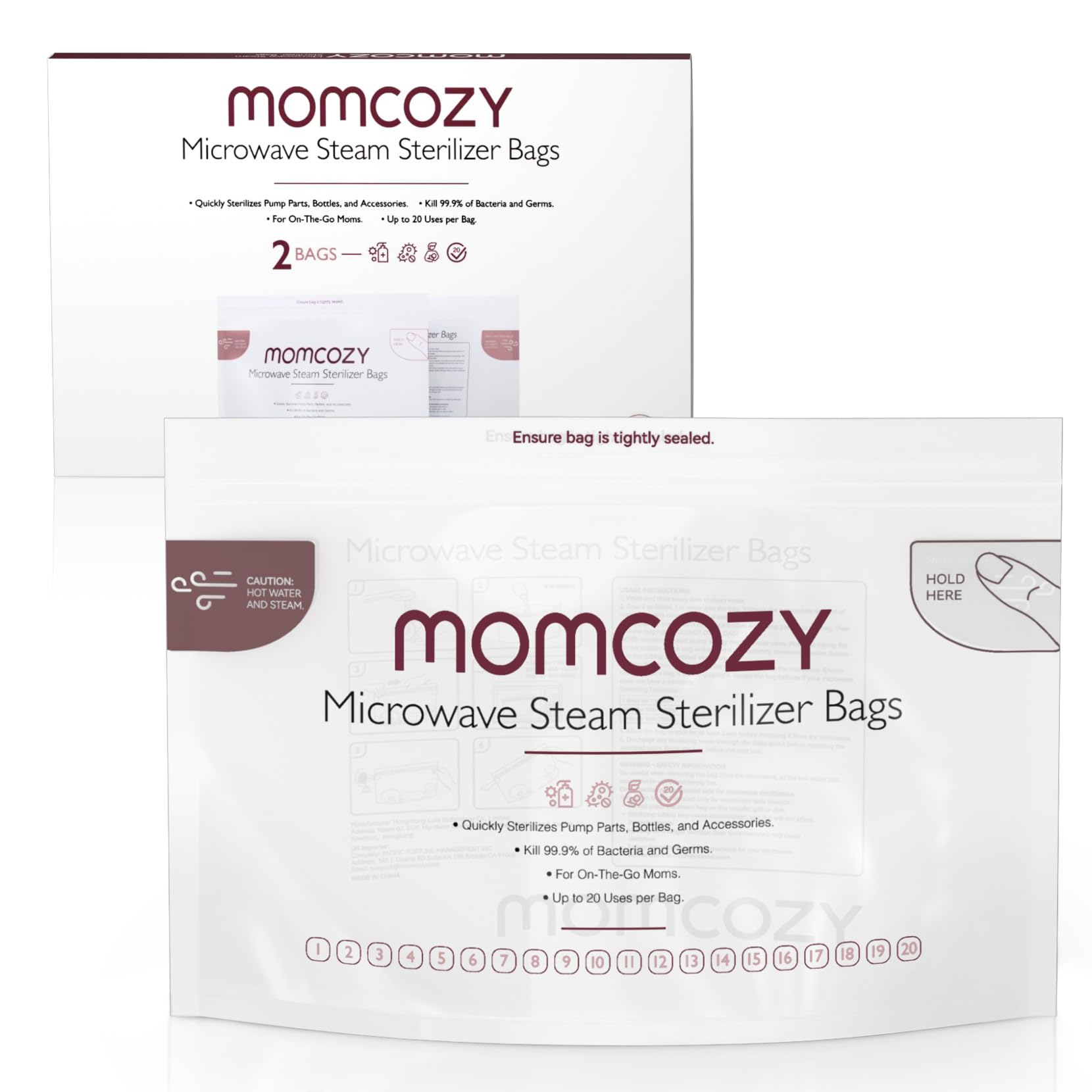 Momcozy Microwave Steam Sterilizer Bags - 2 Pack Reusable Sterilizing Pouches for Breast Pump Parts & Baby Bottles (20 Uses per Bag) | Compatible with Momcozy S9 Pro/S12 Pro/V1/V2 | Perfect for Travel, Daycare & On-the-Go Sterilization