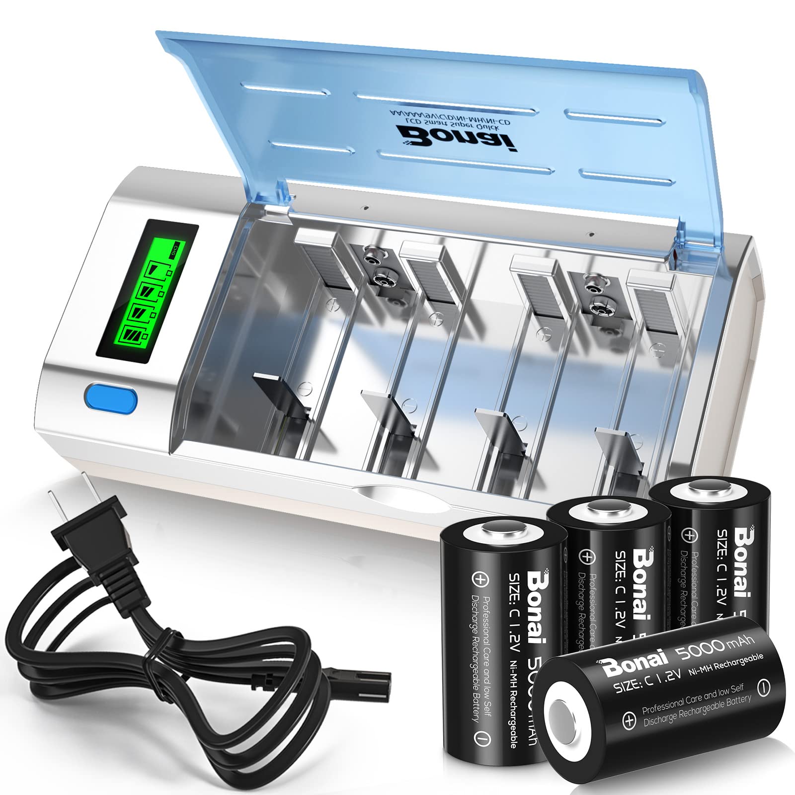 Rechargeable C Batteries with LCD Charger - 5000mAh Ni-MH Ni-CD C D AA AAA 9V Battery Charger Set (4-Pack) - Perfect for Flashlights, Toys, Remote Controls & Emergency Devices