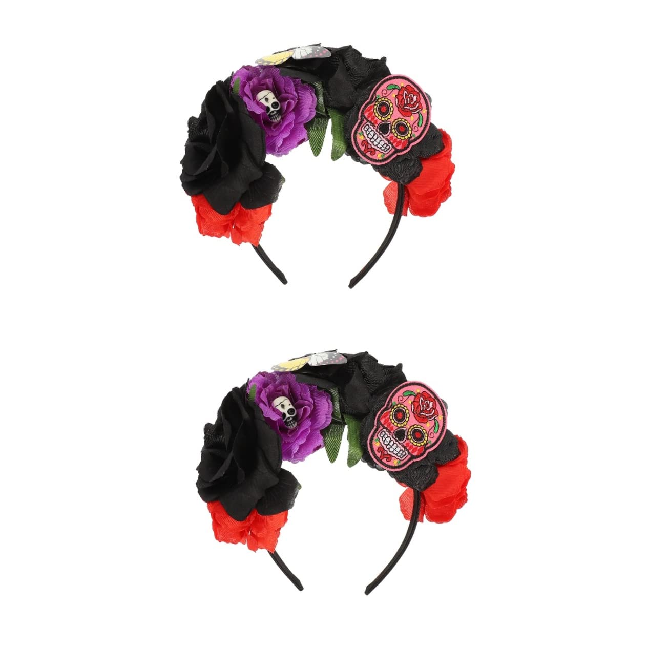 FRCOLOR 2 Pack Gothic Rose Skull Headband for Women - Floral Hair Accessory with Spooky Design, Perfect for Day of The Dead Costume, Halloween Party, Gothic Fashion, and Boho Photo Props