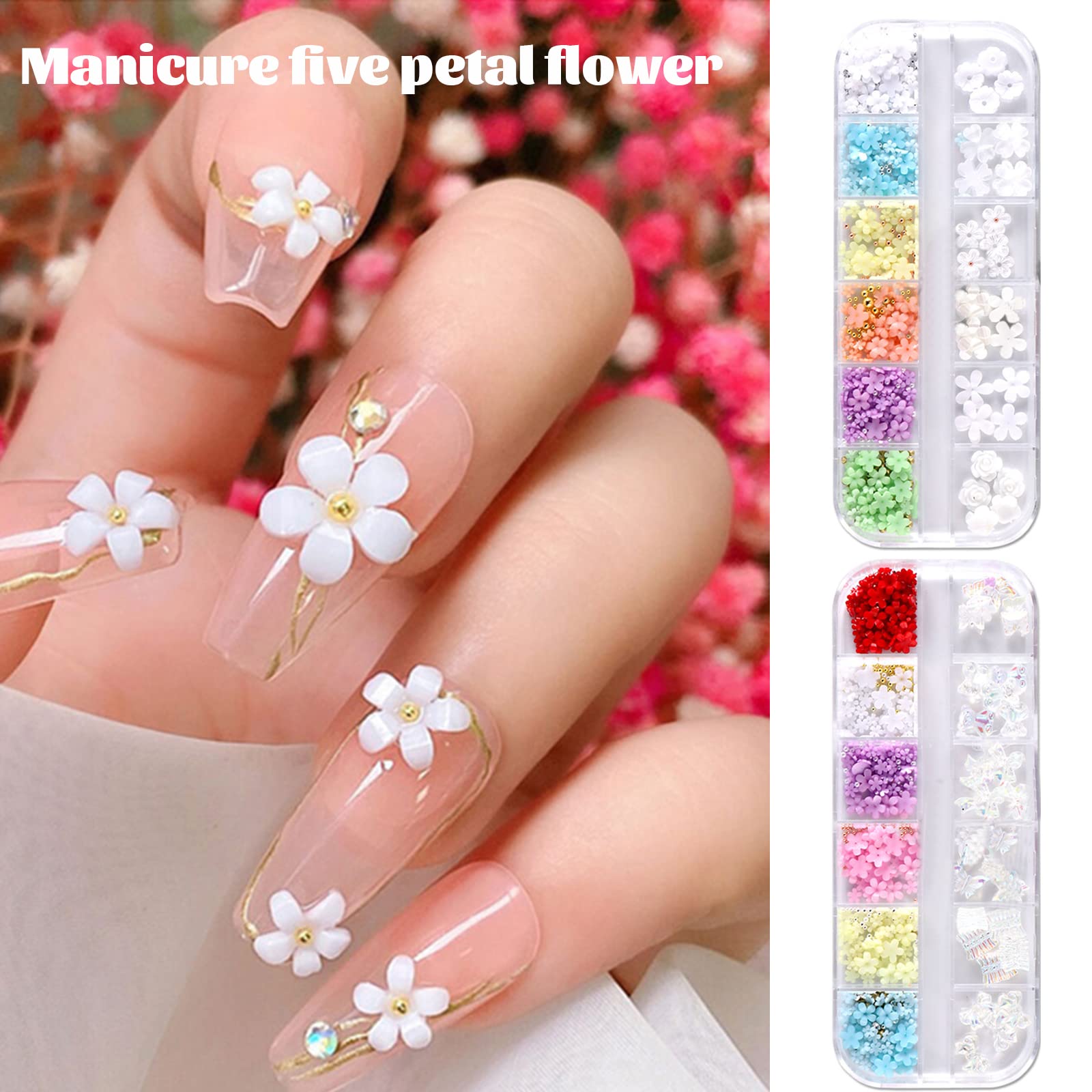 2 Boxes Acrylic Nail Flowers & Bows with Gold Silver Caviar Beads - DIY Nail Art Charms, Rhinestone Jewelry for Women & Girls - Perfect for Manicures, Bridal Nails, and Party Nail Designs