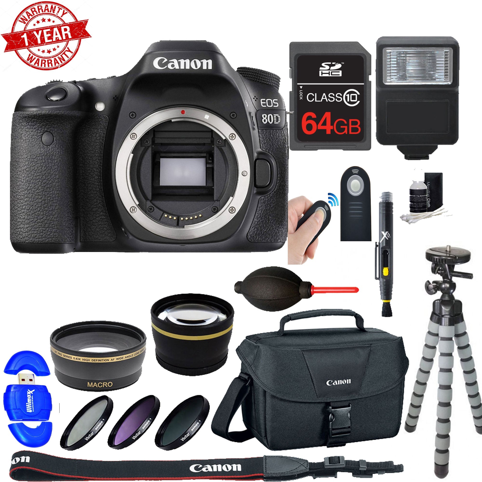 Canon EOS 80D DSLR Camera Body Only with 64GB SDXC Card, DSLR Bag, Wide Angle & Telephoto Lenses, Flash Kit - Perfect for Travel Photography, Vlogging, and Professional Portraits